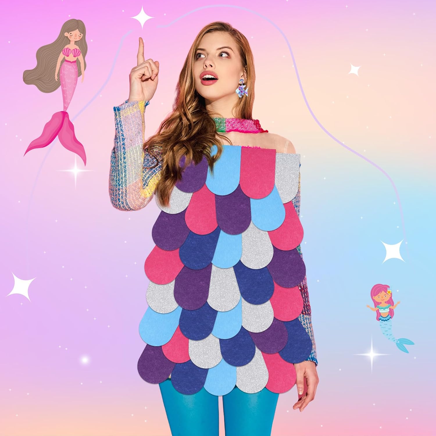 Rainbow Fish Costume Set, Rainbow Fish Pendant Earrings & 60 Pcs Mermaid Scale Fabric, Book Story Character Costume Accessories for Teachers, Educators, Librarians - Image 6