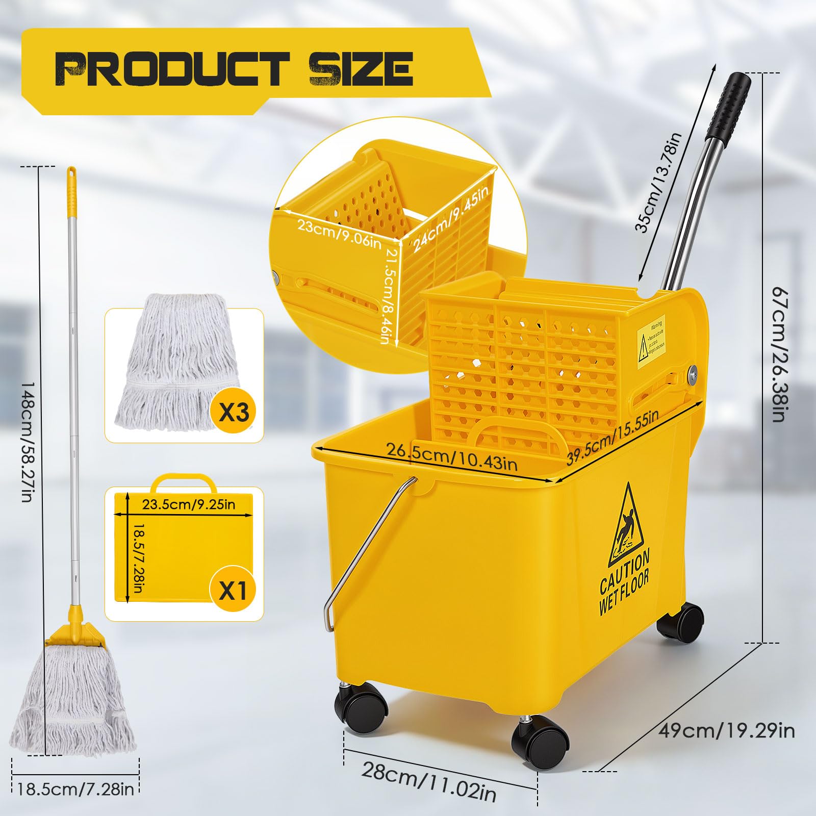 Set di mocio industriale e secchio da 20 litri su ruote, strizzatore commerciale Kentucky con 3 teste per mocio, manico lungo 148 cm e ruote silenziose, pulizia resistente per scuole, ristoranti