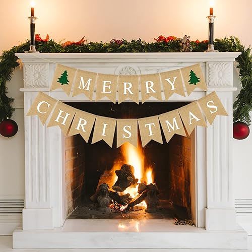 Miniatura 3 de Cartel de arpillera de Feliz Navidad, árbol de Navidad, rústico, vintage, guirnalda de banderines de Navidad para suministros de fiesta de Navidad,