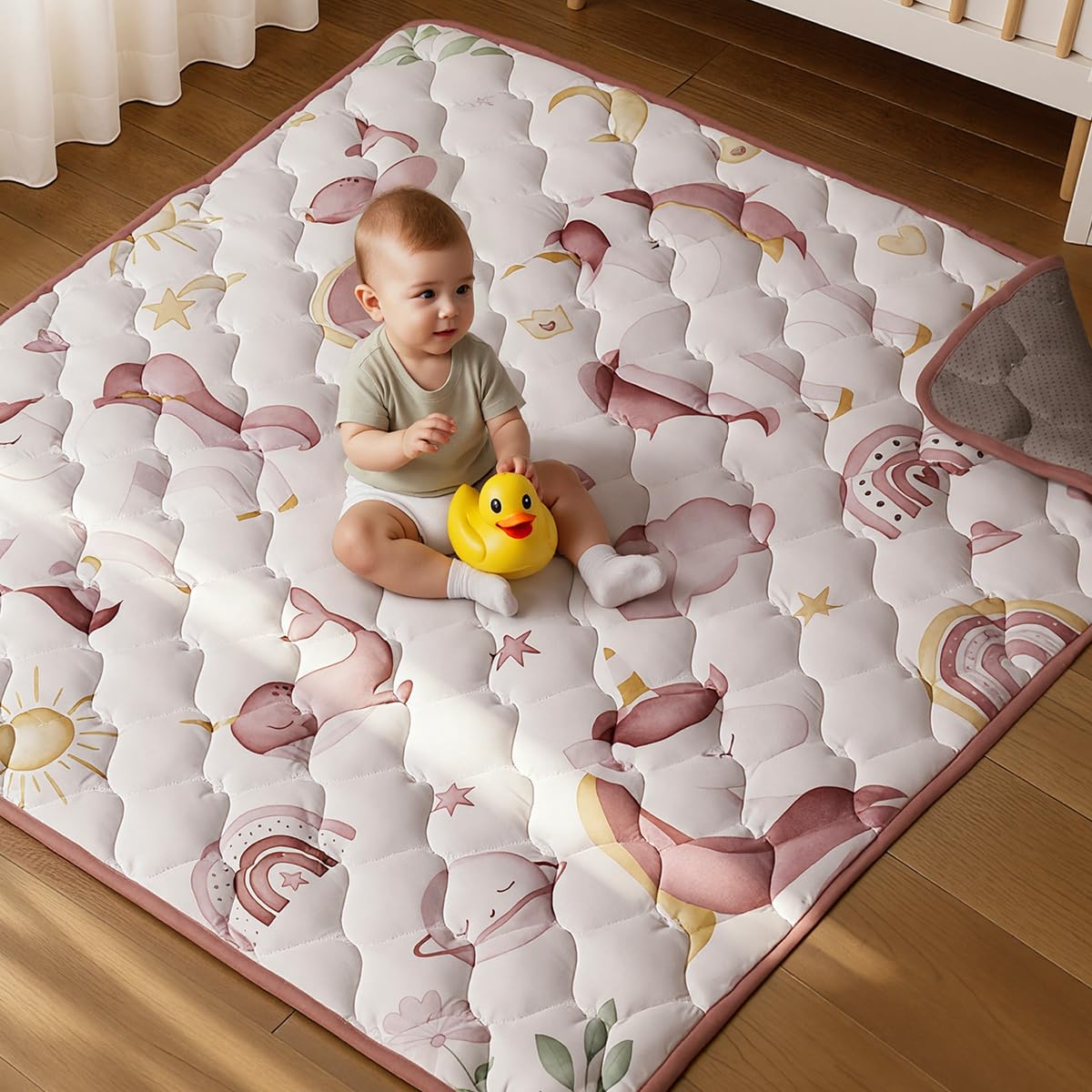 COMOMY Krabbelmatte Baby 127x127 cm, Dicke und Weiche Spielmatte Faltbar, Rutschfeste Schadstofffrei Krabbeldecke für Baby, Play Mat für Laufstall (Rosa)