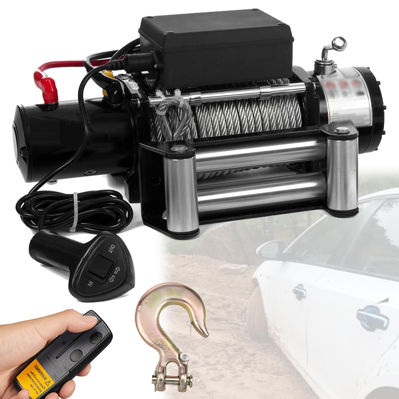 DOZPAL Electric Winch Kit - 3000/3500/4000/4500/6000LBS Truck winch, 12V/24V Steel Cable Winch with Wireless and Hand Remote Controller & Roller Fairlead for SUV, Truck & Trailer 3500LBS