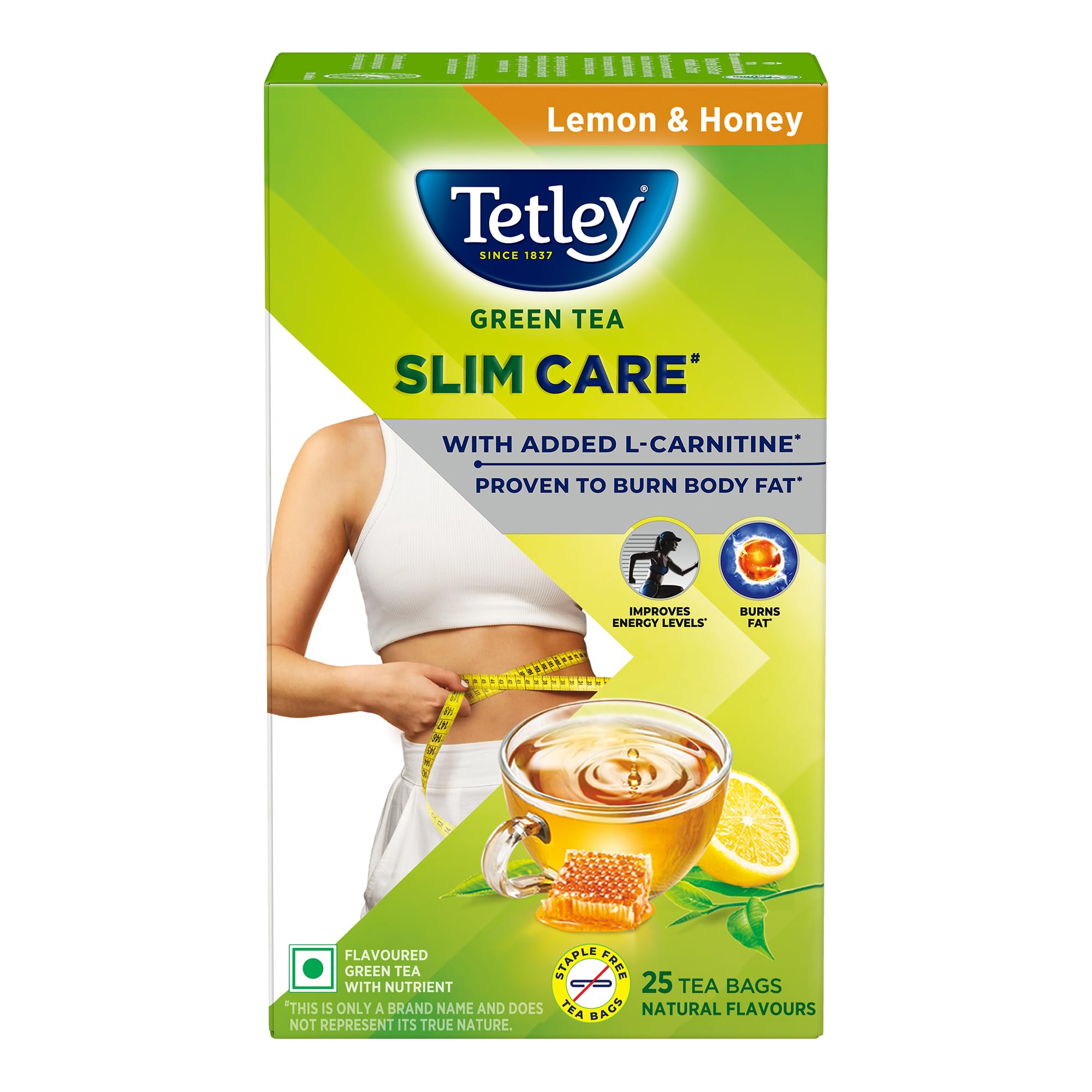 Tetley Green Tea Slim Care, With Added L-Carnitine, Helps Burn Body Fat, Boosts Energy, Low Calories, Delicious Natural Lemon and Honey Flavours, Makes 25 cups