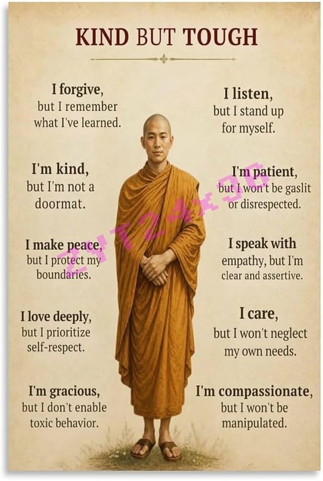 VWWJCCRO Buddhist Philosophy Poster Kind But Strong Zen Quote Wall-Art Canvas for Room Yoga Room Decor(Framed,16x24inch(40x60cm))