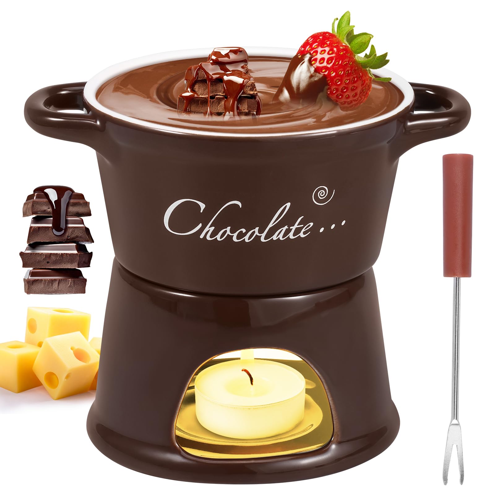 Chocolate Fondue Set, 300ML Ceramic Chocolate Melting Pot with Fork Detachable Cheese Fondue Set for Party, Home, Birthday, Picnics Butter Warmers Pot Fondues Mug for Cheese Butter Caramel(Coffee)