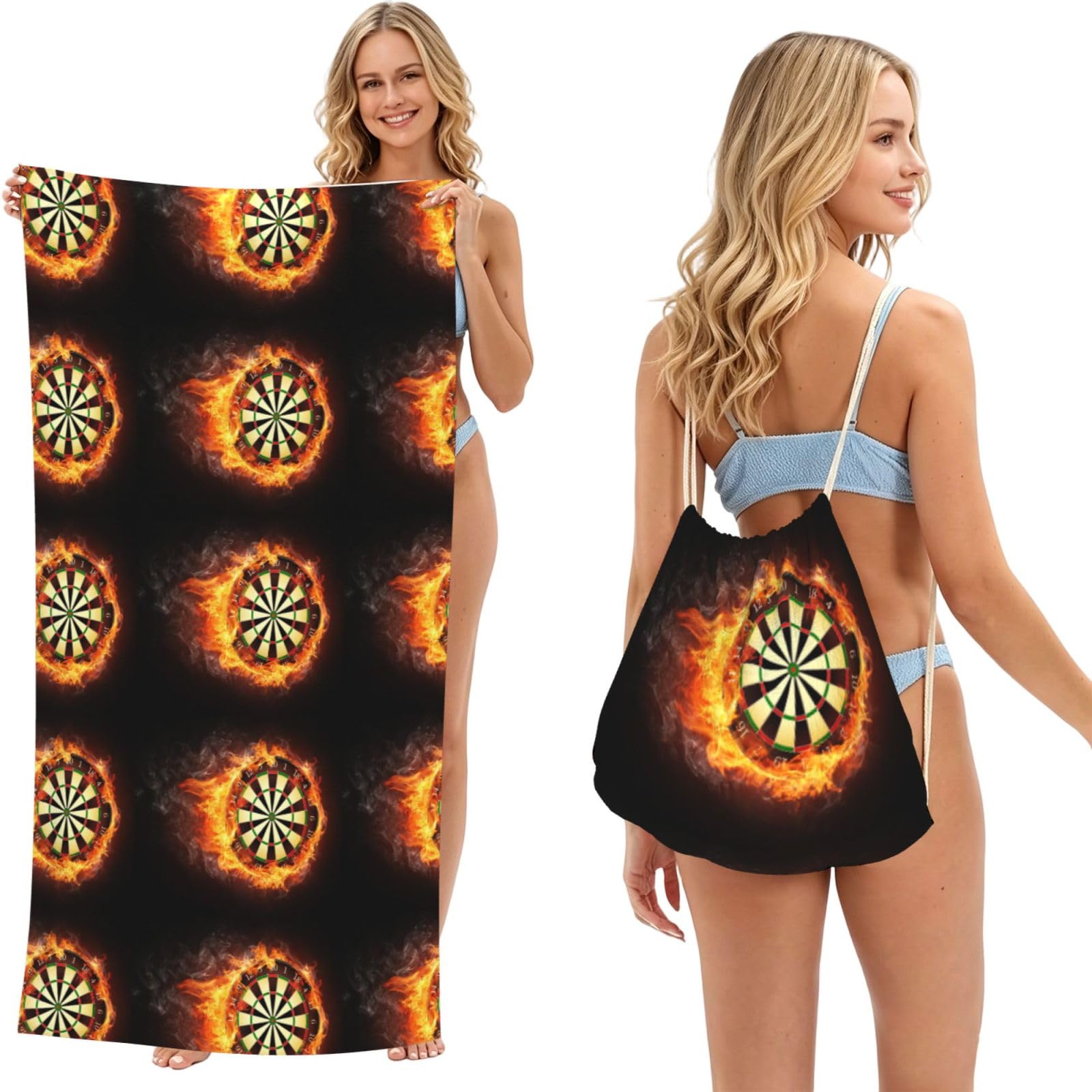 Poadnly As Picture Flaming Dartboard Fire Dart Board 3D, 2 In 1 Packable Towel Bag, Beach Towels With Drawstring Backpack For Travel Holiday Camping
