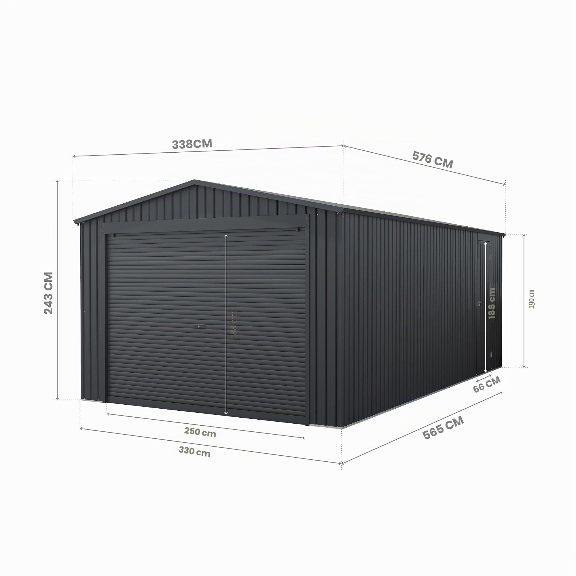 Wasabi - Metallischer Garagenunterstand 19,52 m² Jarama - 576x338x243 cm - Außen-Carport - Große Rolltür - Seitlicher Fußgängerzugang - Grau - Außenlagerung