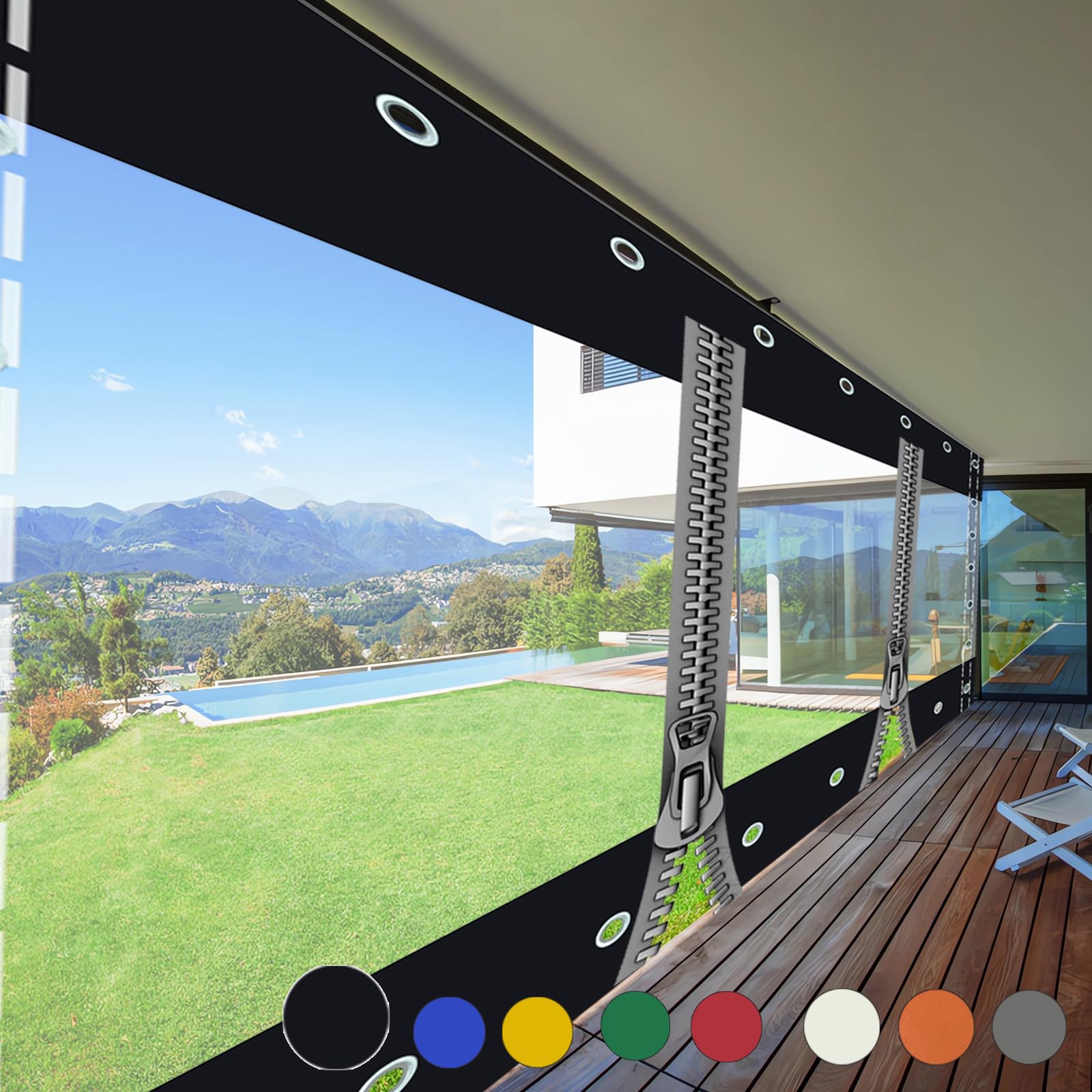 Transparent Tarpaulin Side Panels with Zip,Waterproof Clear Tarp Curtain,Outdoor Heavy Duty Splicing Tarpaulin with Eyelets,for Patio,Pergola, Porch, Gazebo,HxW-2.4x3.2m/7.87x10.5ft,Customisable