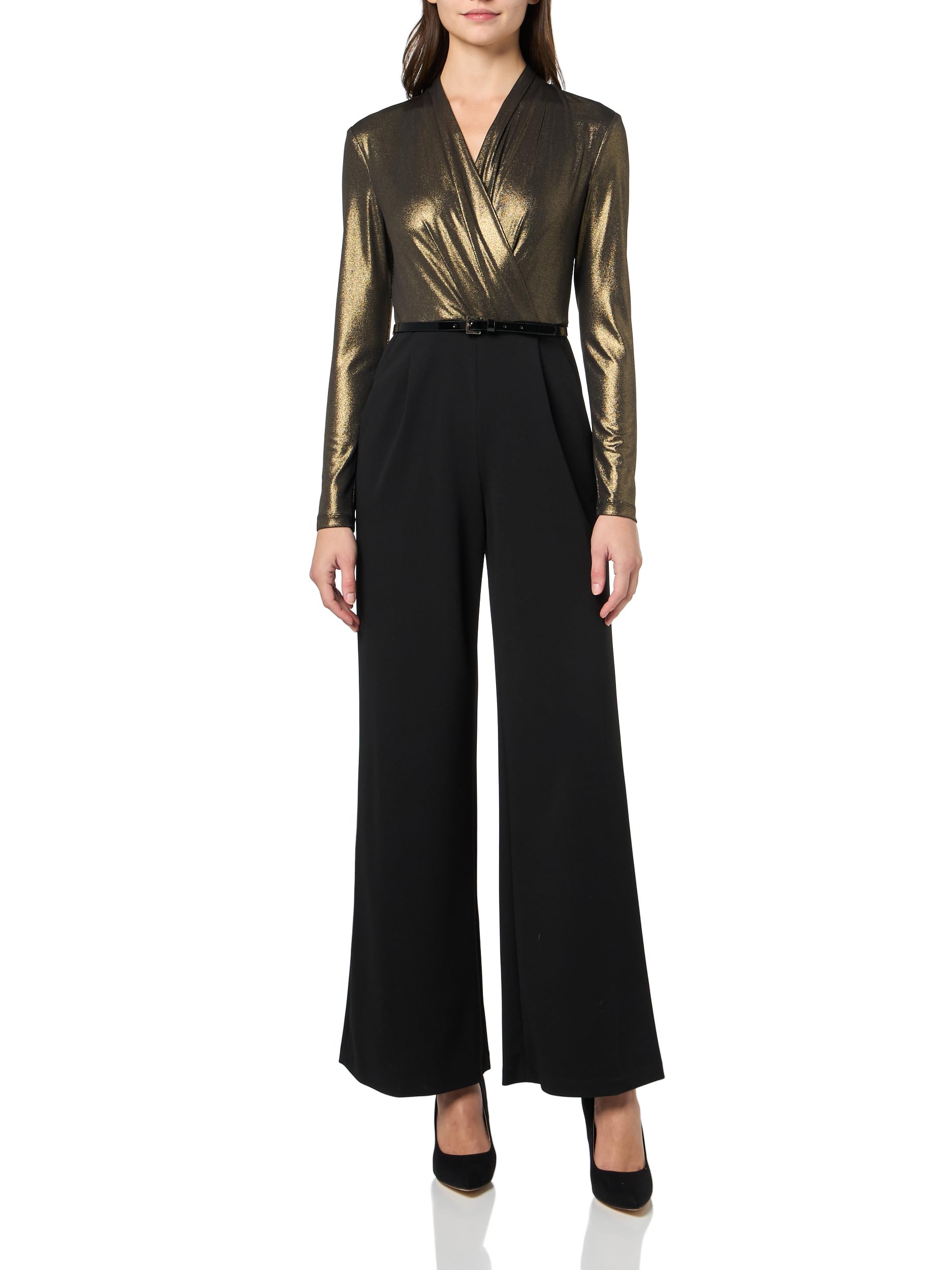 Tommy Hilfiger womens Long Sleeves Surplice Faux Leather Belt Jumpsuit