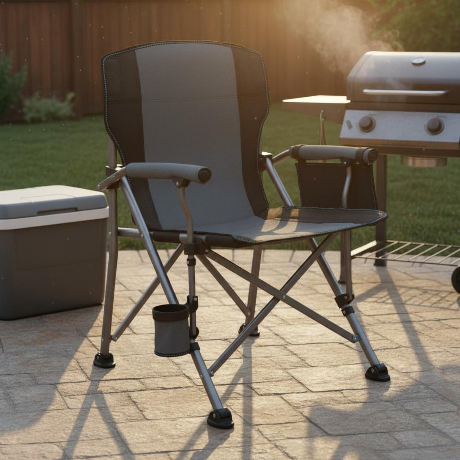 Baoblaze Chaise Pliante de Camping avec Dossier Haut et Support de Tasse Siège Portable en Acier et Oxford pour Pêche Pique-Nique et Barbecue en Plein Air, Gris