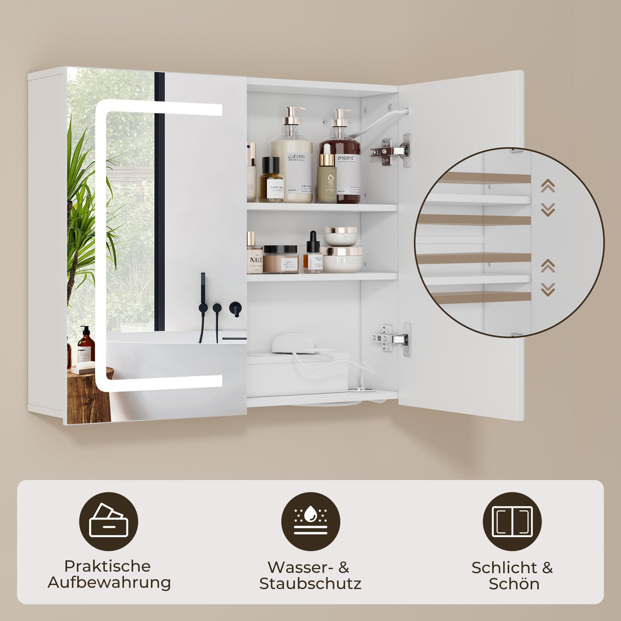 Armoire de Salle de Bains avec Miroir et Éclairage LED Dimmable, Capteur Tactile, Prise Électrique, Étagères Réglables, Double Porte en MDF de Haute Qualité, Blanc (60 x 70 cm)