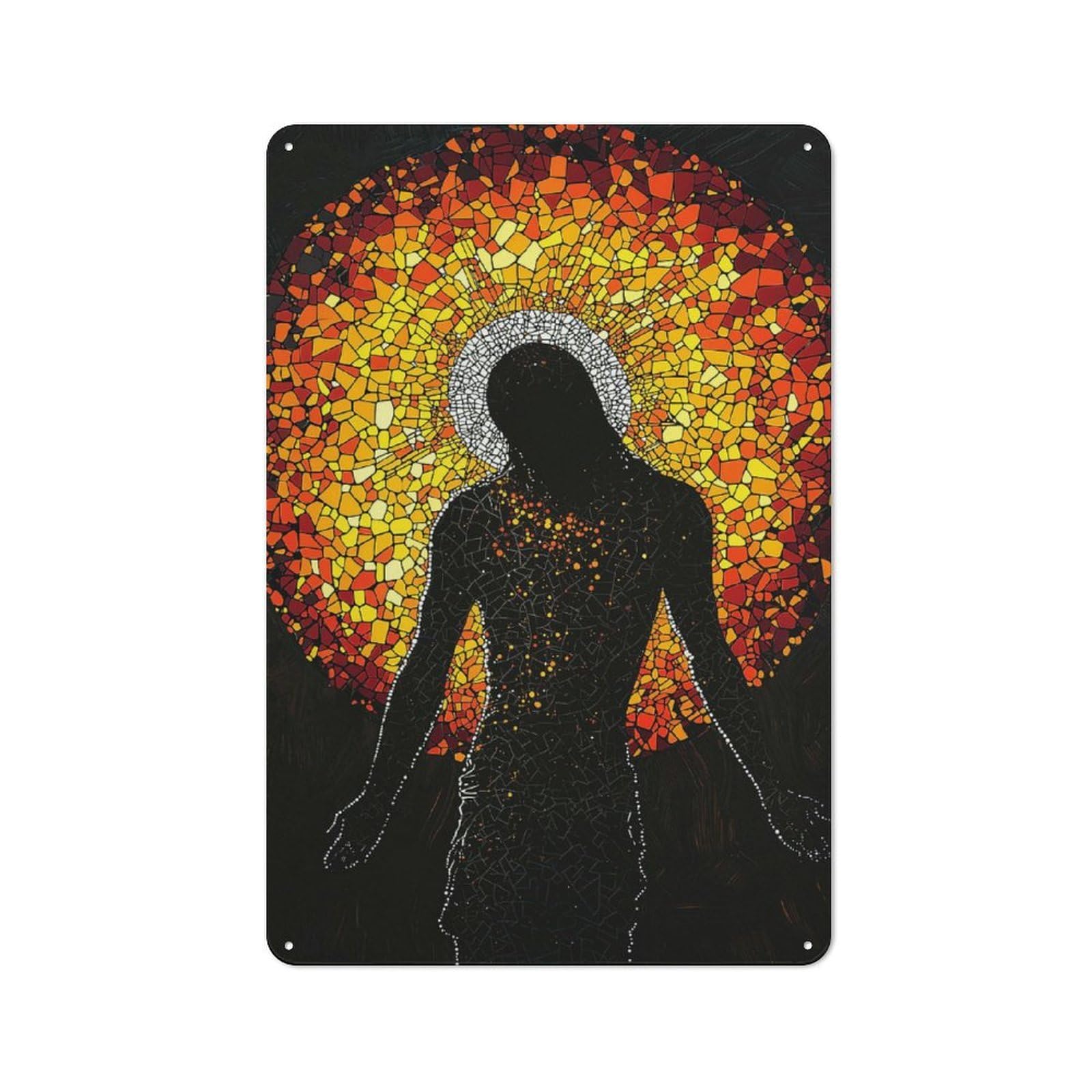 Junmoney Stained Glass Jesus Silhouette Retro Retro Metal Sign 30X20cm Featuring Old Style Wall Plaque For Lounge, Study, Pub Or Wall Gallery