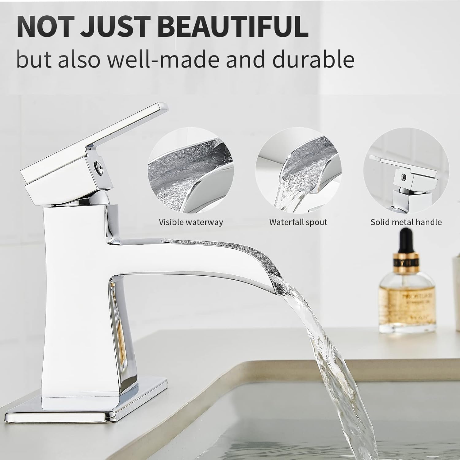 Chrome Waterfall Bathroom Faucet, Sanliv Single Handle Bathroom Sink Faucet for 1 or 3-Hole Sinks (4 Inch Centerset) Modern Farmhouse Vanity Faucet with Pop Up Drain, Polished Chrome