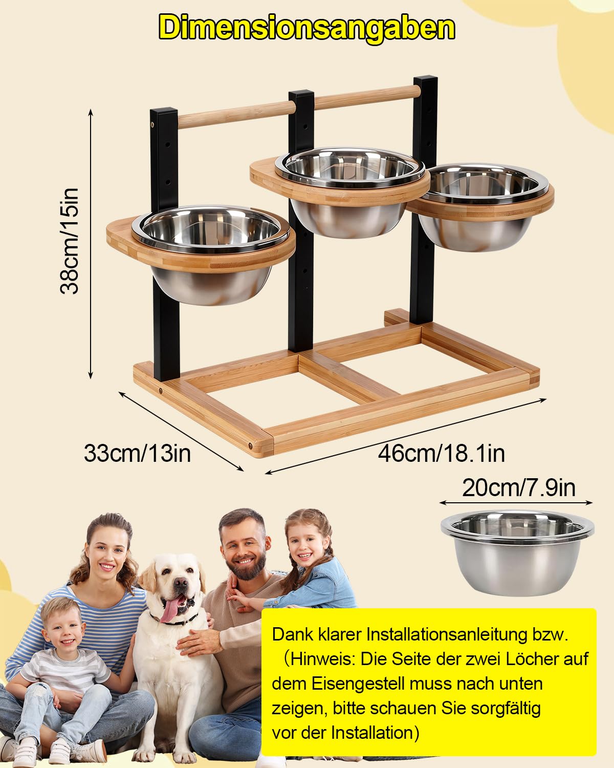 Podwyższona miska na karmę dla psów, 3 x 1400 ml miska ze stali nierdzewnej, 5 x miska dla psa z regulacją wysokości, drewno, podwyższone miski dla psów, stacja karmienia, stojak na miski dla psów, 46