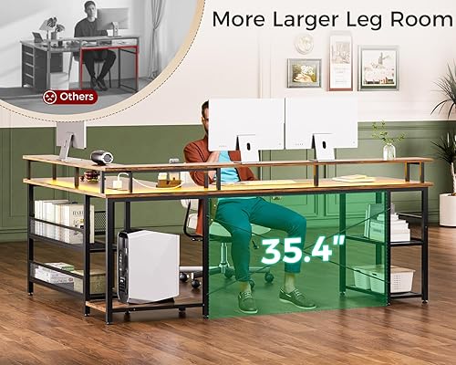 Miniatura 33 de ODK Escritorio para juegos en forma de L de 66 pulgadas con toma de corriente y luces LED, mesa de juegos de PC con textura de fibra de carbono,