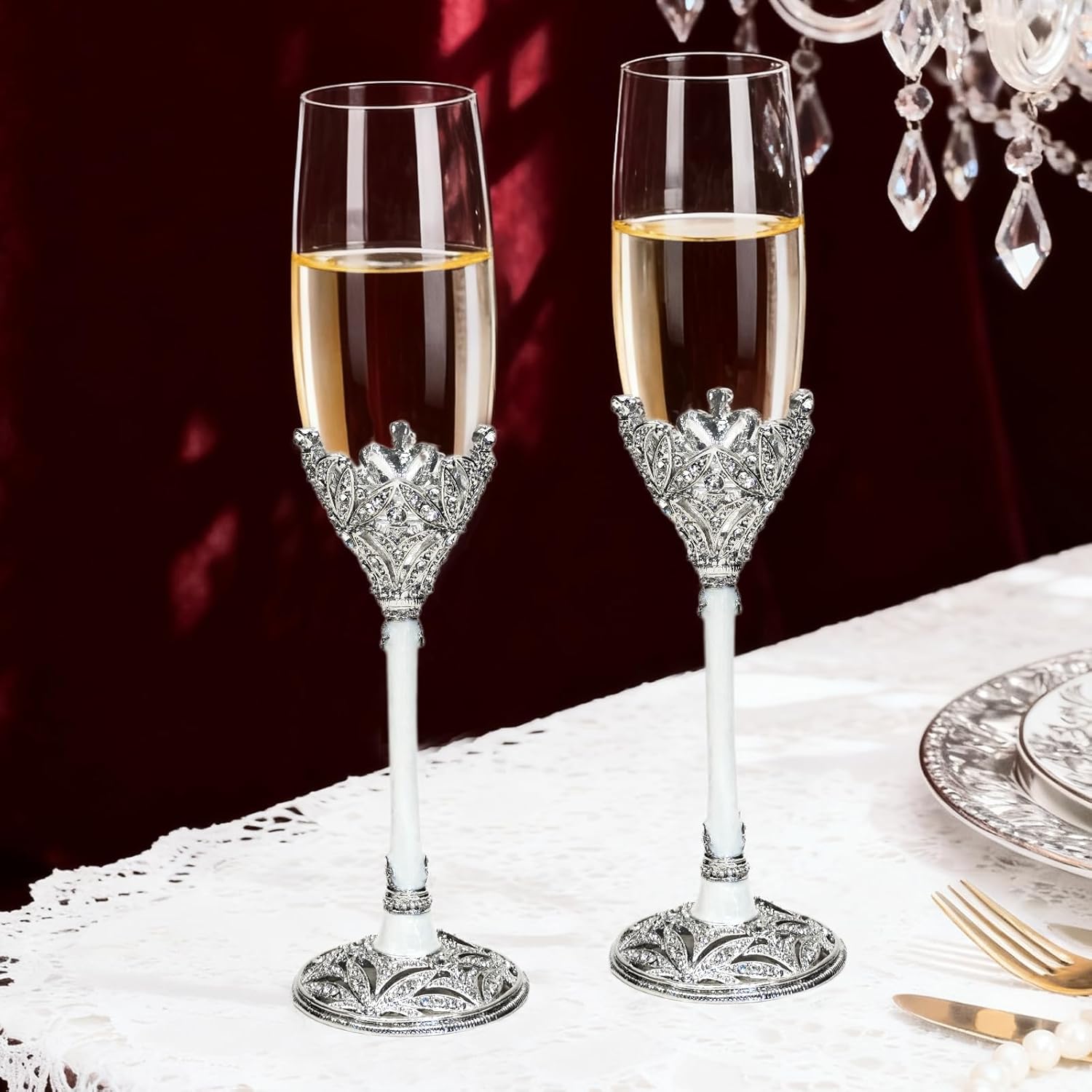 Silver Champagne Flutes -Wedding Toasting Glasses for His and Hers,Engagement Celebrations, Bridal Shower and Registry Idea, Gifts for Bride and Groom Gifts,7oz (Silver)