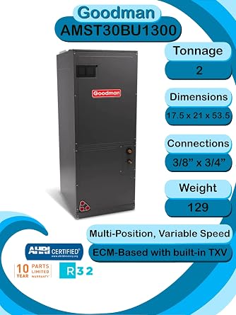 Goodman 2.5 TON 14.5 SEER2 Multi-Position R-32 Heat Pump System with air handler (GLZS4BA3010 condenser and AMST30BU1300 air handler)