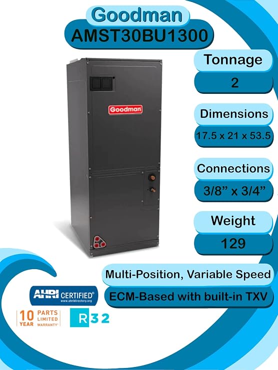 Goodman 2.5 TON 14.5 SEER2 Multi-Position R-32 Heat Pump System with air handler (GLZS4BA3010 condenser and AMST30BU1300 air handler)