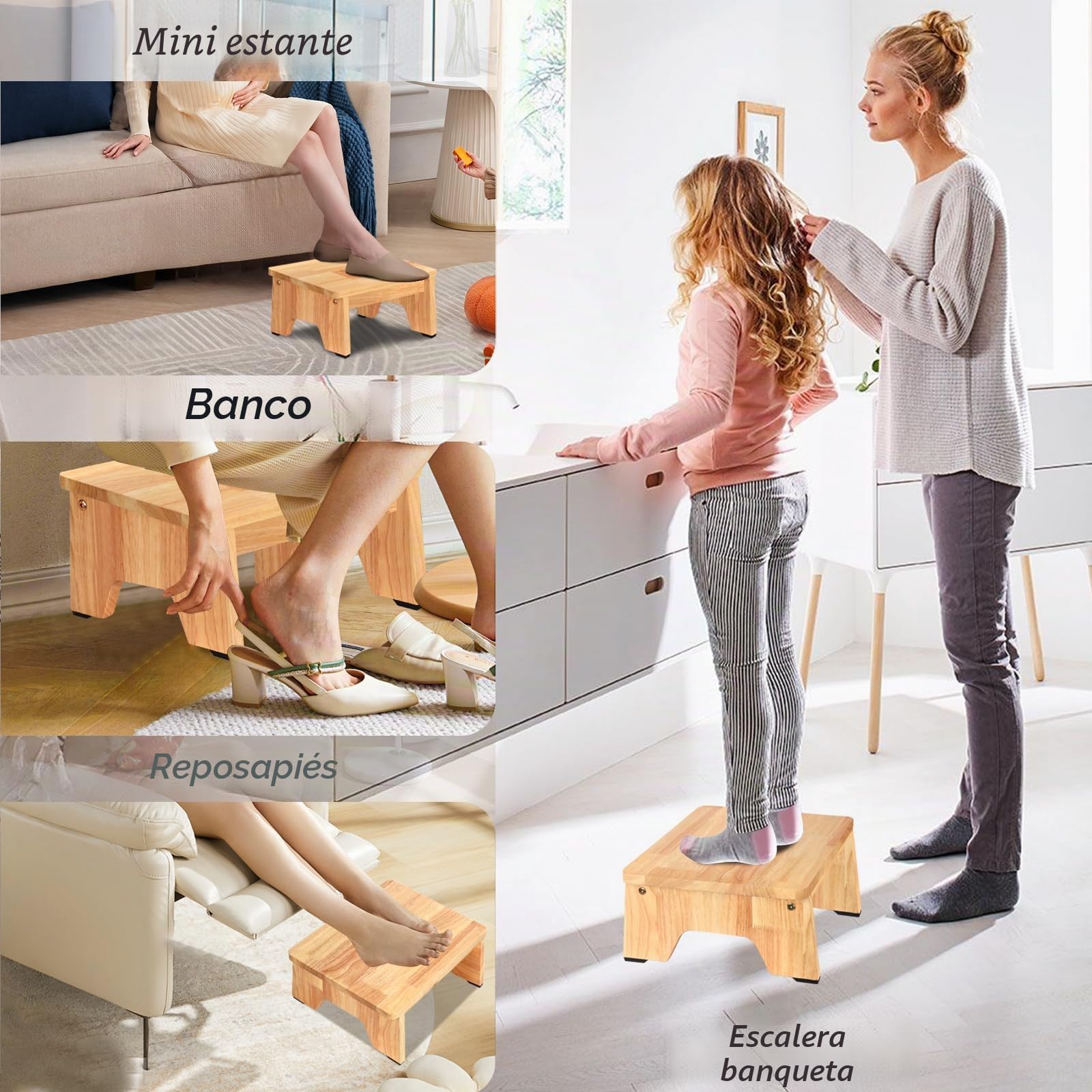 Taburete de madera para adultos y personas mayores con patas de goma antideslizantes, soporte de pie de madera portátil para baño, cocina, mesita de noche y más (16 cm, roble)