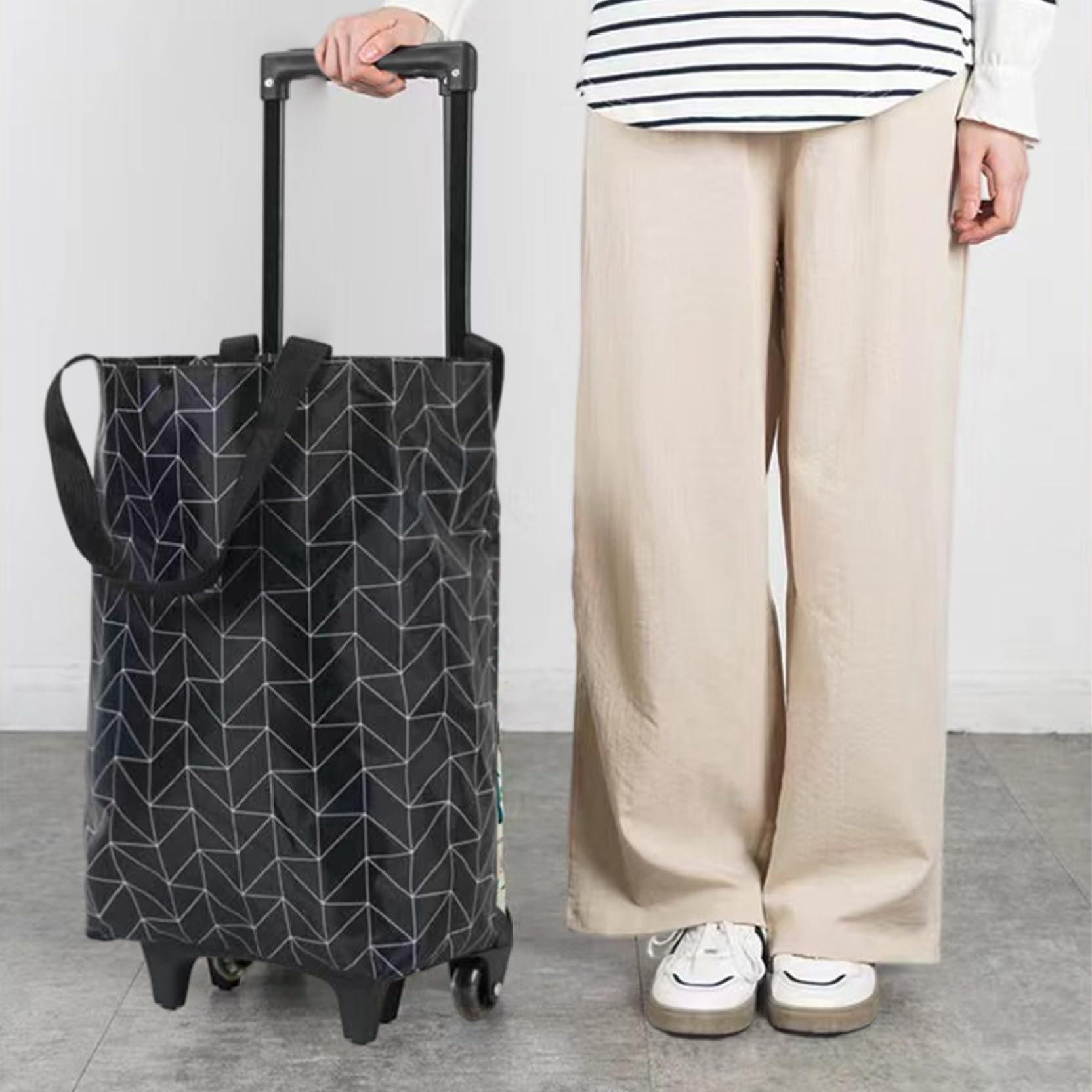 Einkaufstasche auf Rädern, wasserdicht Faltbarer Einkaufswagen, tragbare Wiederverwendbare Trolley -Taschen mit Teleskopgriff, schwarzes Diamantmuster, Zuhause