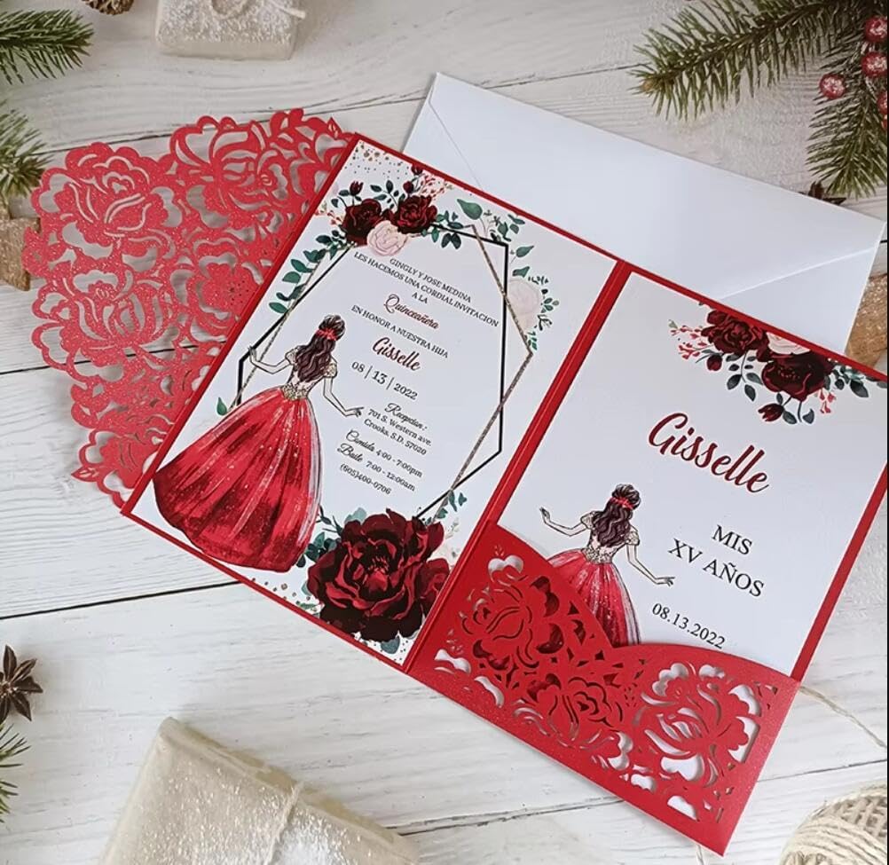 50 Pieces Red Shimmer Rose Floral Laser Cut Paper Invitation Card For Wedding Quinceanera Invitation Jacket (Black)