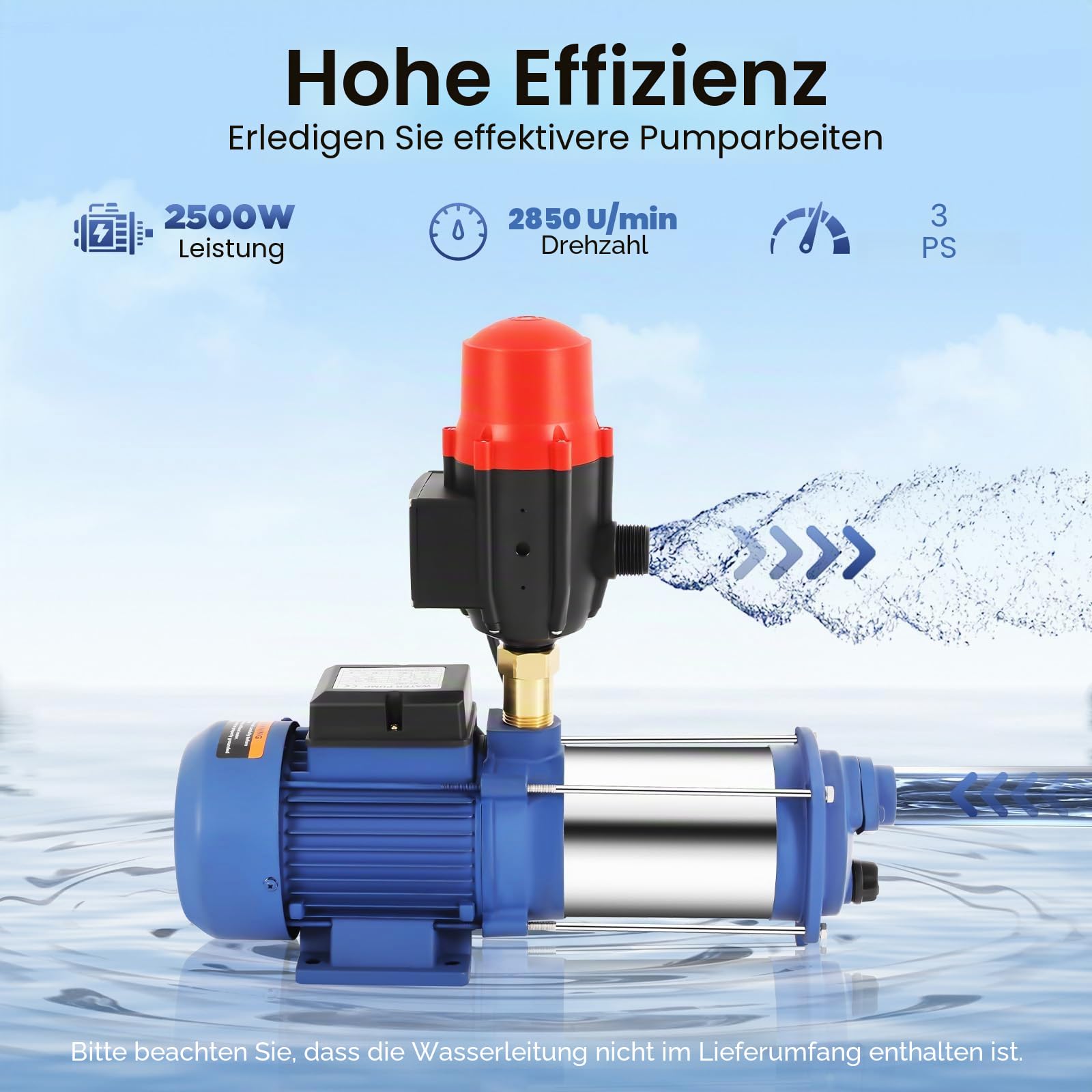 2500W Hochdruck Gartenpumpe, Zentrifugal Wasserpumpe mit Druckschalter, 66.7L/Min Edelstahl Jetpumpe, 230V Selbstansaugend Kreiselpumpe, Max Förderhöhe 100m, IP44 Schutzgrad, für Bewässerung Teich Hof