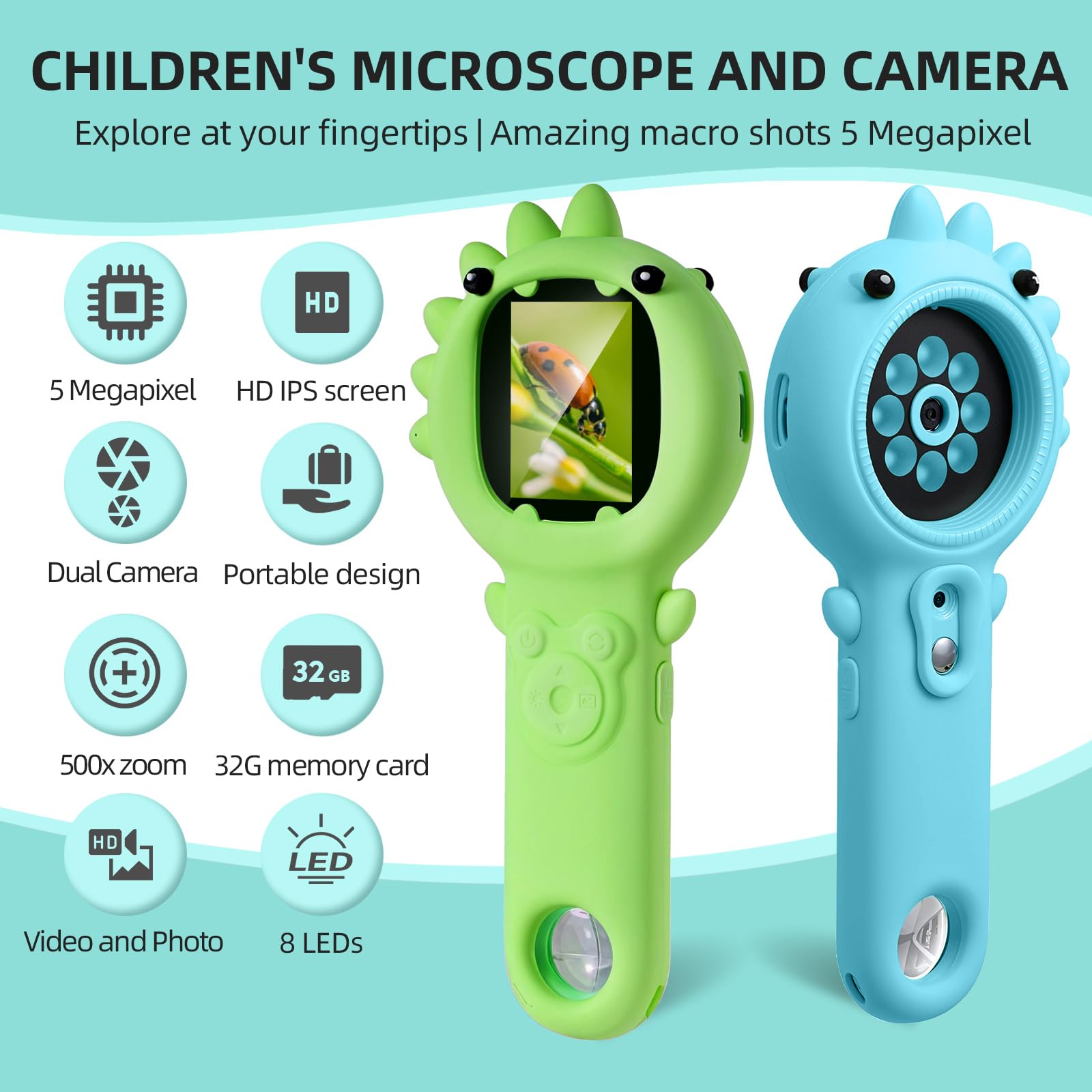 URMMIY Kids Microscope–500X Digital Pocket Handheld Microscope with Dual Cameras, Autofocus & 32GB Card STEM Educational Toy & Christmas Birthday Gift for Boys & Girls Ages 3 4 5 6 7 8 9 10(Green)