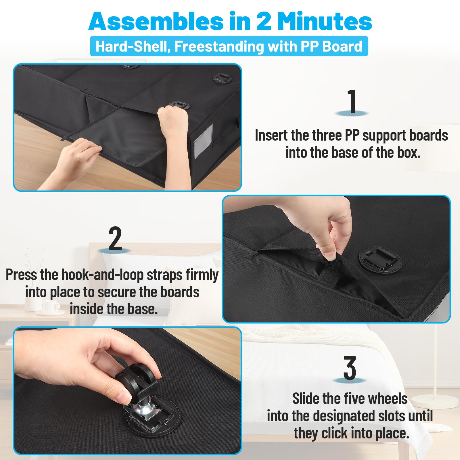 Kukikan Unterbettkommode auf Rollen, 2er Pack 24 cm XXL 60L Rollunterbett Aufbewahrungstasche mit Reißverschluss, Einfache Montage Unterbett Aufbewahrungsbox mit Deckel & Etikett, Unterbettschubladen
