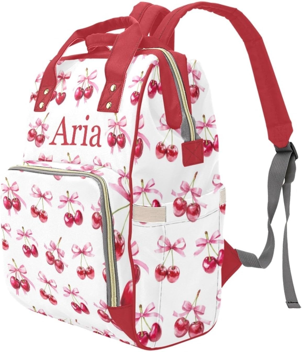 Personalized Pink Bow with Cherry Diaper Bag Backpack with Name – Custom Baby Travel Tote for Mom or Dad, Nursing Bag for Girls, Shower Gift for Baby, Daycare Essentials