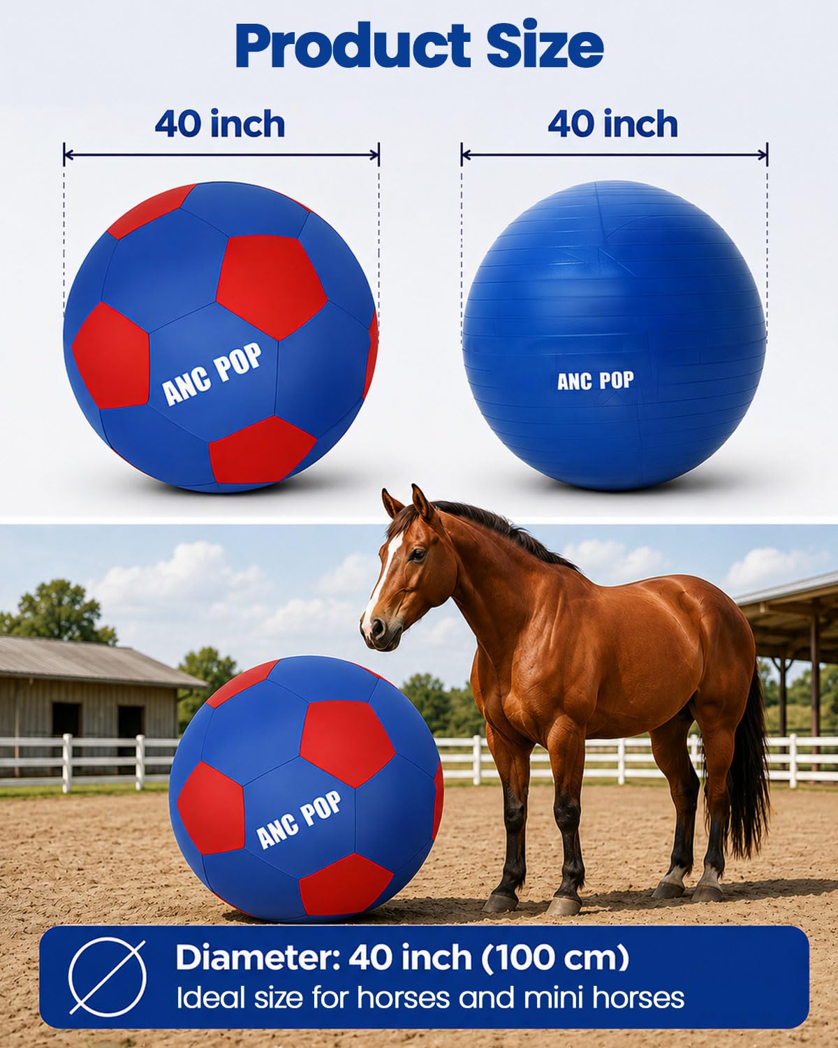 ANC POP Palla da pastore per cavallo, palla e copertura per palla, 101,6 cm, grande con pompa a mano, per giocare, pastore, palla da pastore, giocattolo per cavalli, blu e rosso