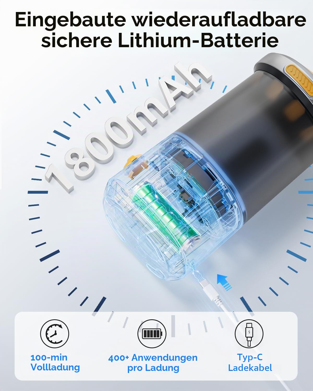 JUPITEARTH Vollautomatischer elektrischer Bleistiftspitzer,wiederaufladbarer Bleistiftspitzer mit Behälter für 6,9-11mm Buntstifte,freihändig, tragbar und sicher für Haus, Büro, Schule（Schwarz）