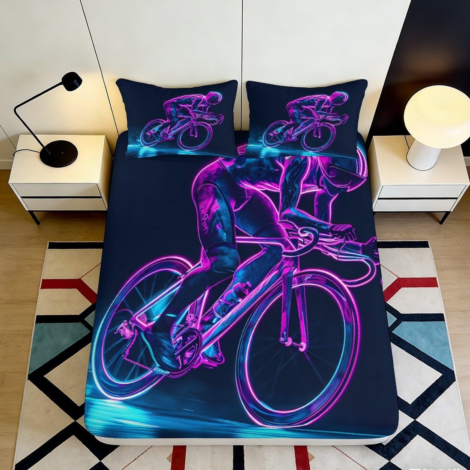 3D Printed Neon Cycling Fitted Sheet Microfiber Deep Pocket Non-Slip Bedroom Bedding Set Glow Bike Mattress Fitted Cover Washable for Adults Teens 200x200x25cm