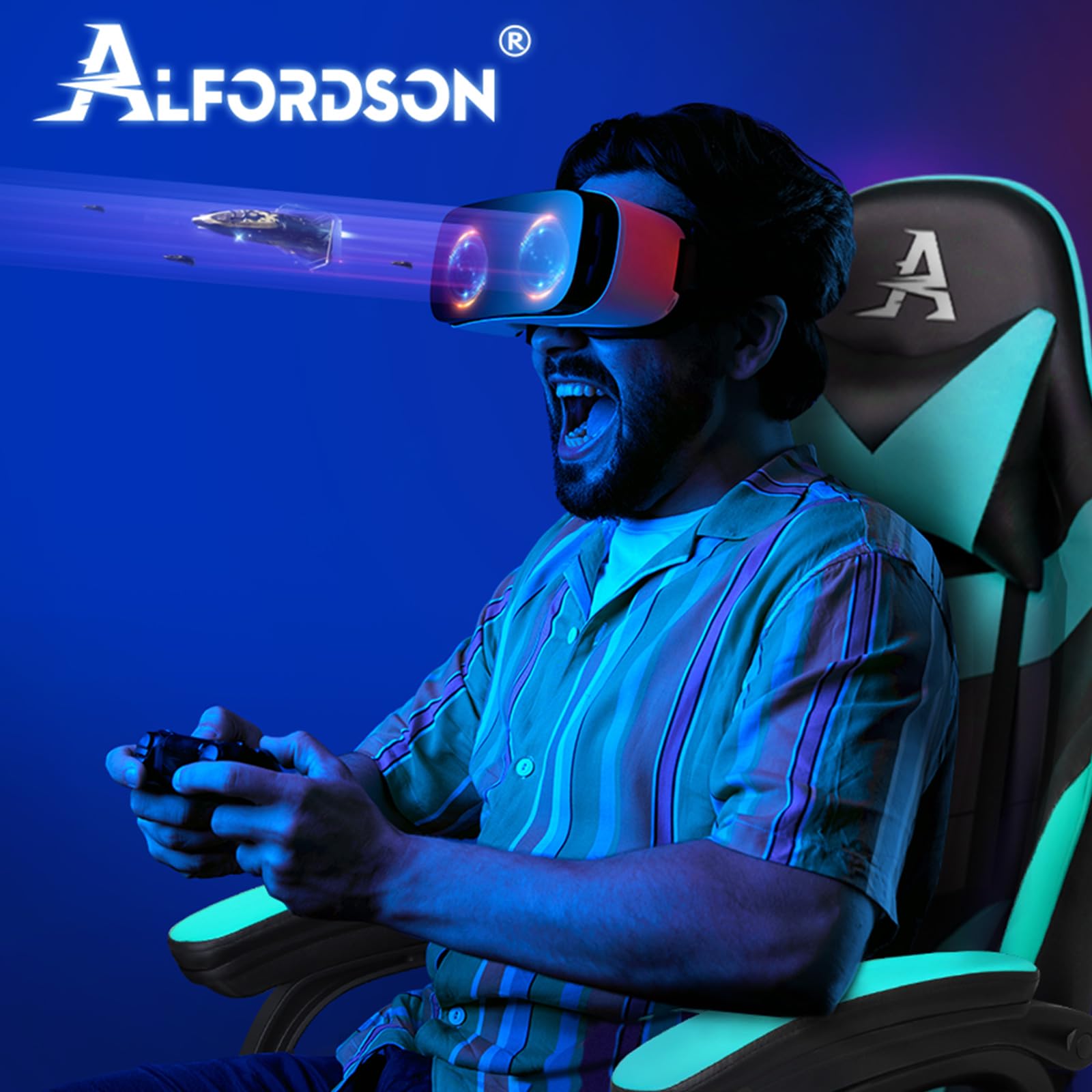 ALFORDSON Silla Gaming Escritorio con Masajeador, Silla Gamer Ergonómica Cojín Lumbar y Cervical, Reposapiés Retráctil, Ruedas Giratorias 360°, para Oficina, Videojuego, Ordenador, Cuero PU(Cian)