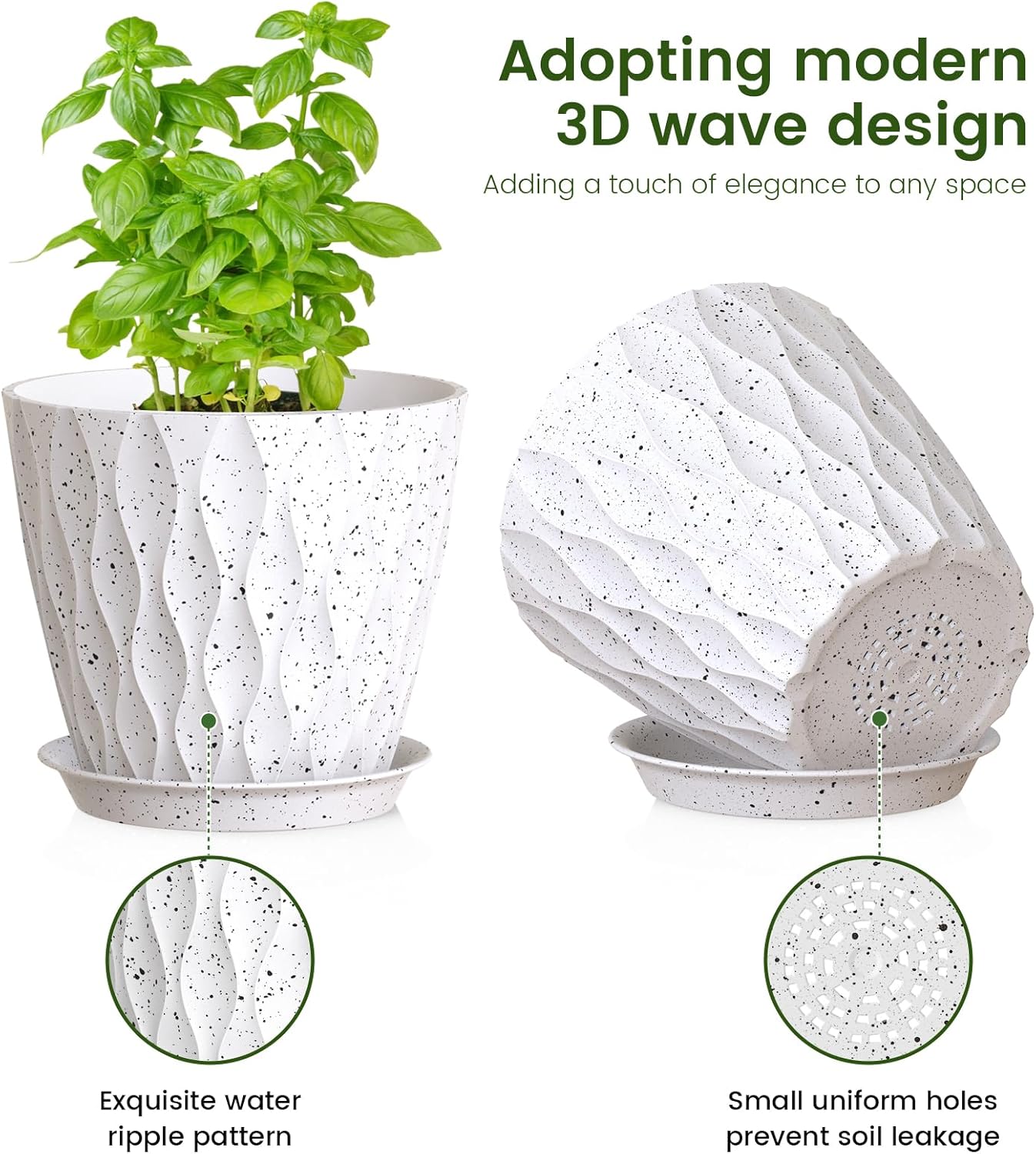 Meowell 7/6.5/6/5.5/5/4.5/4 inch Plant Pots for Indoor Outdoor Plants, 7 Pack Thick Flower Pots with Drainage Holes and Saucers, Modern Wave Texture Plastic Planters Nursery Pots, Speckled White