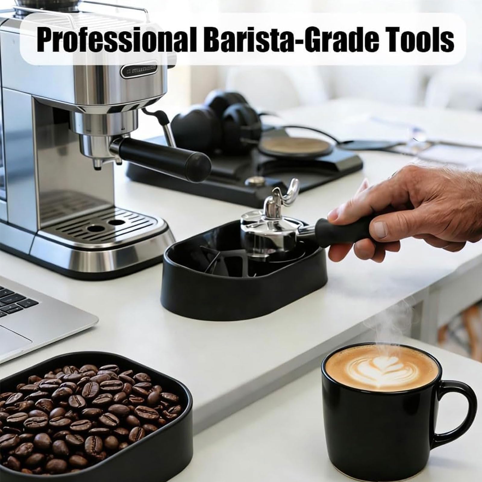 Kit de limpieza de portafiltro de café, limpiador automático de cajas con soporte, cepillo y bandeja de tierra para uso doméstico, cocina y oficina