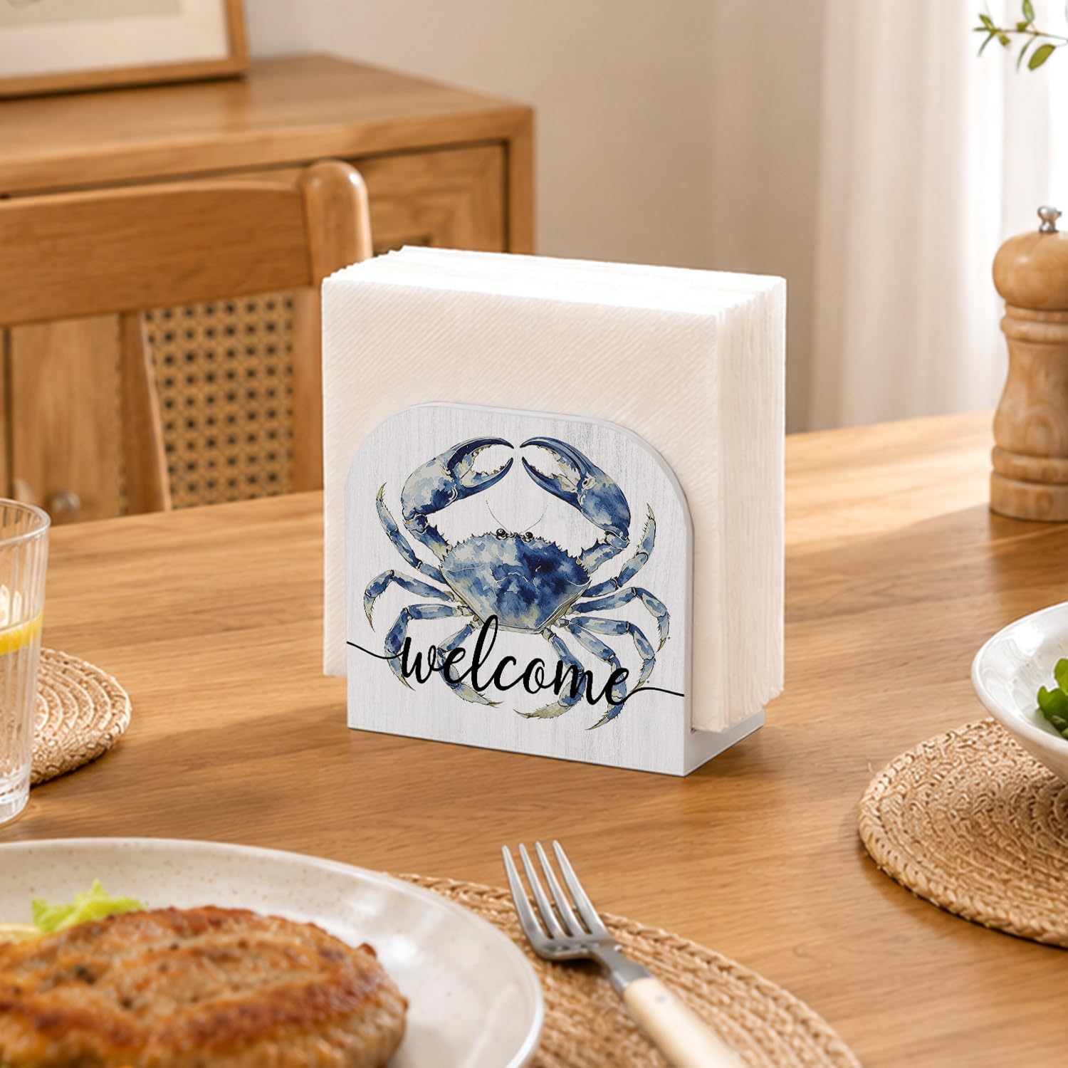 Crab Coastal Beach Welcome Wooden Napkin Dispenser Holder