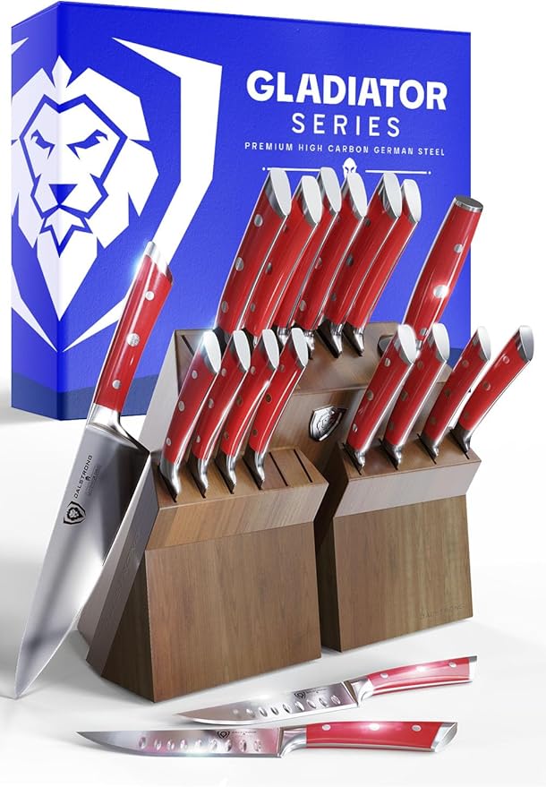 Dalstrong Gladiator series elite 18-piece knife set with red handles in acacia block