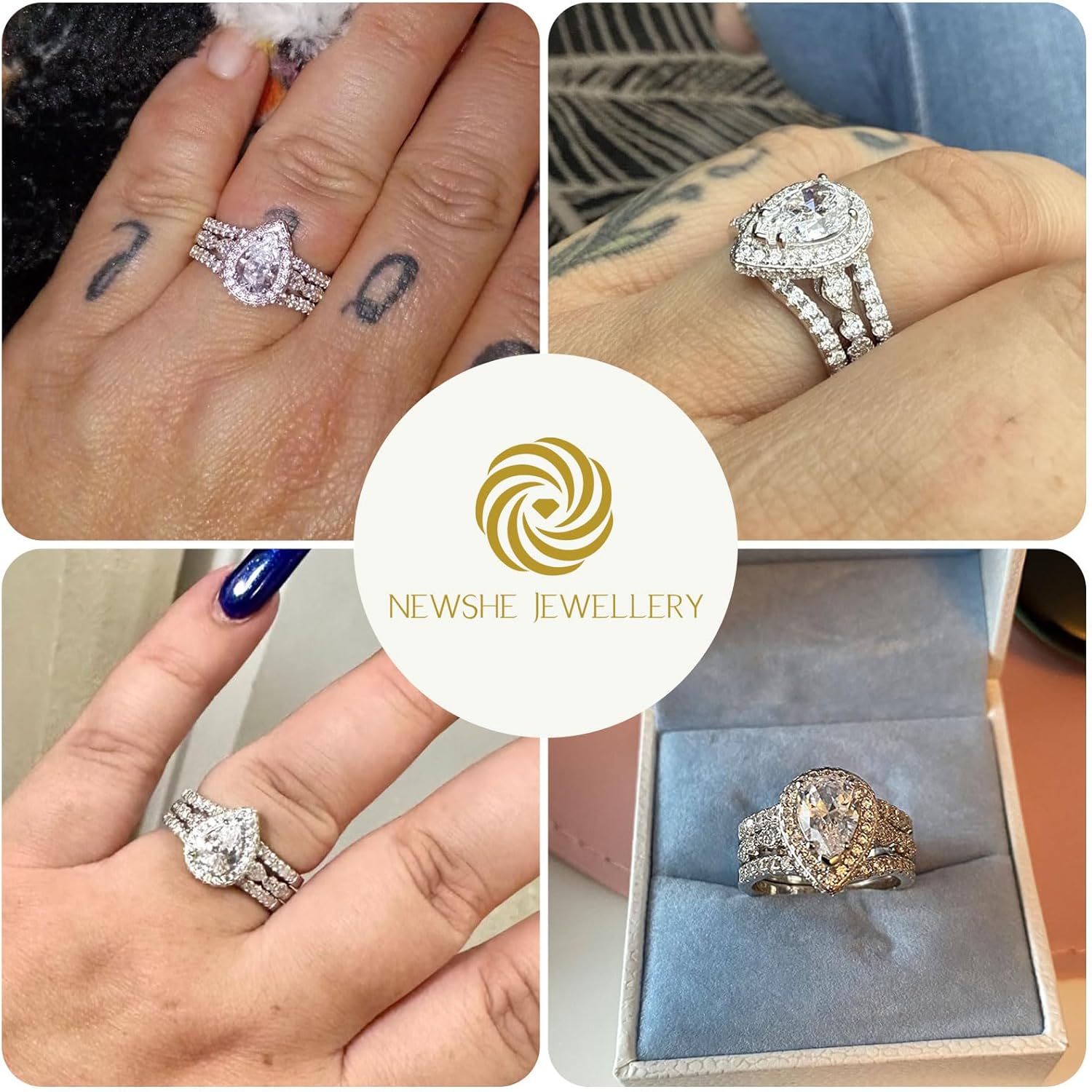 Newshe Jewellery Moissanite Wedding Rings for Women 925 Sterling Silver Pear Cut Engagement Ring Sets Teardrop Bridal Band Enhancer Size - Image 2