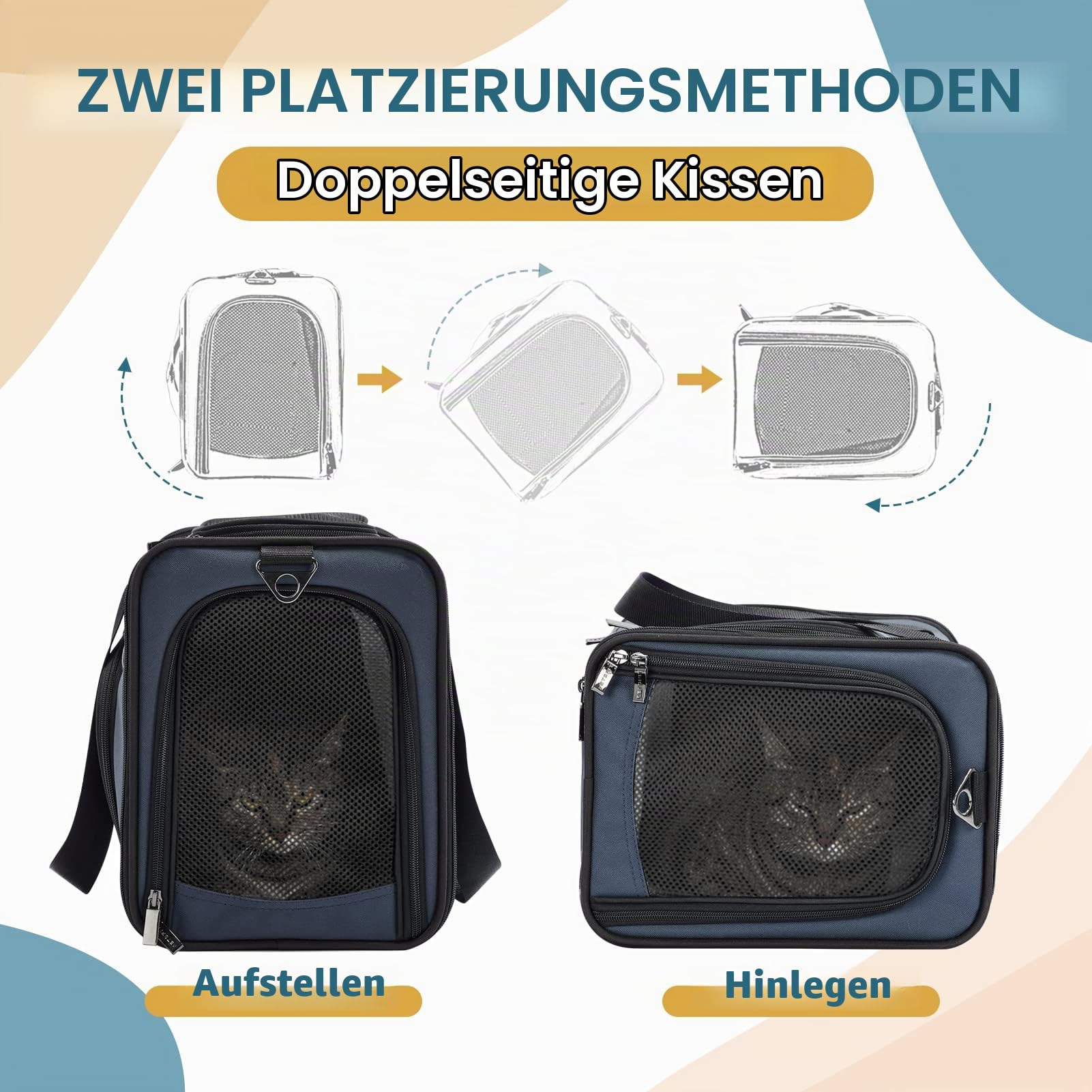 Petsfit Transporttasche Katze & Hundetasche Flugzeug | Flugtasche für Hunde & Transportbox Katze | Flugtaugliche Haustiertasche | Sicherer Transport in Auto, Flugzeug und Bahn, M/Blau