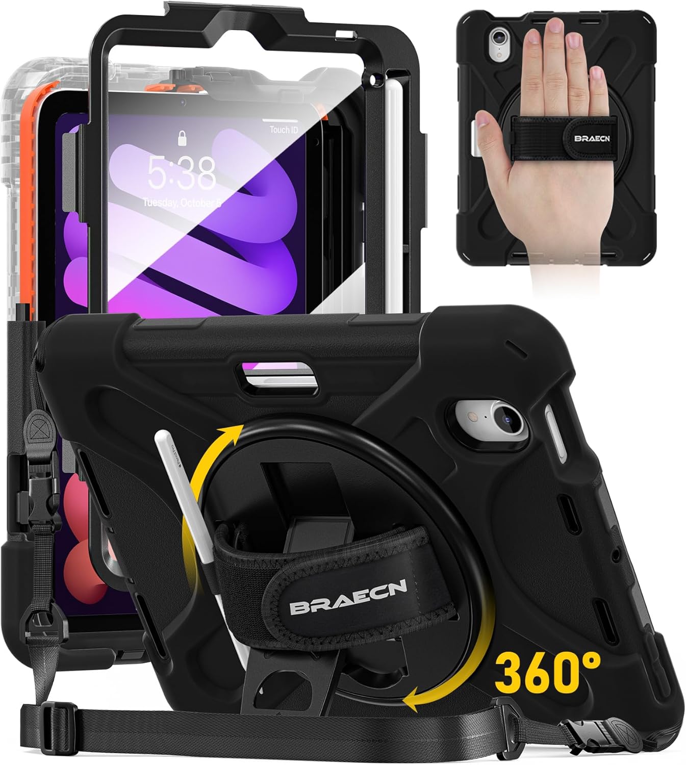 BRAECN Case for iPad mini 7 (A17 Pro) 2024/iPad Mini 6 2021 8.3" with Screen Protector Pencil Holder, Protective Heavy Duty Case for iPad mini 7th/6th Gen, 360° Rotating Stand & Hand Strap for Kids