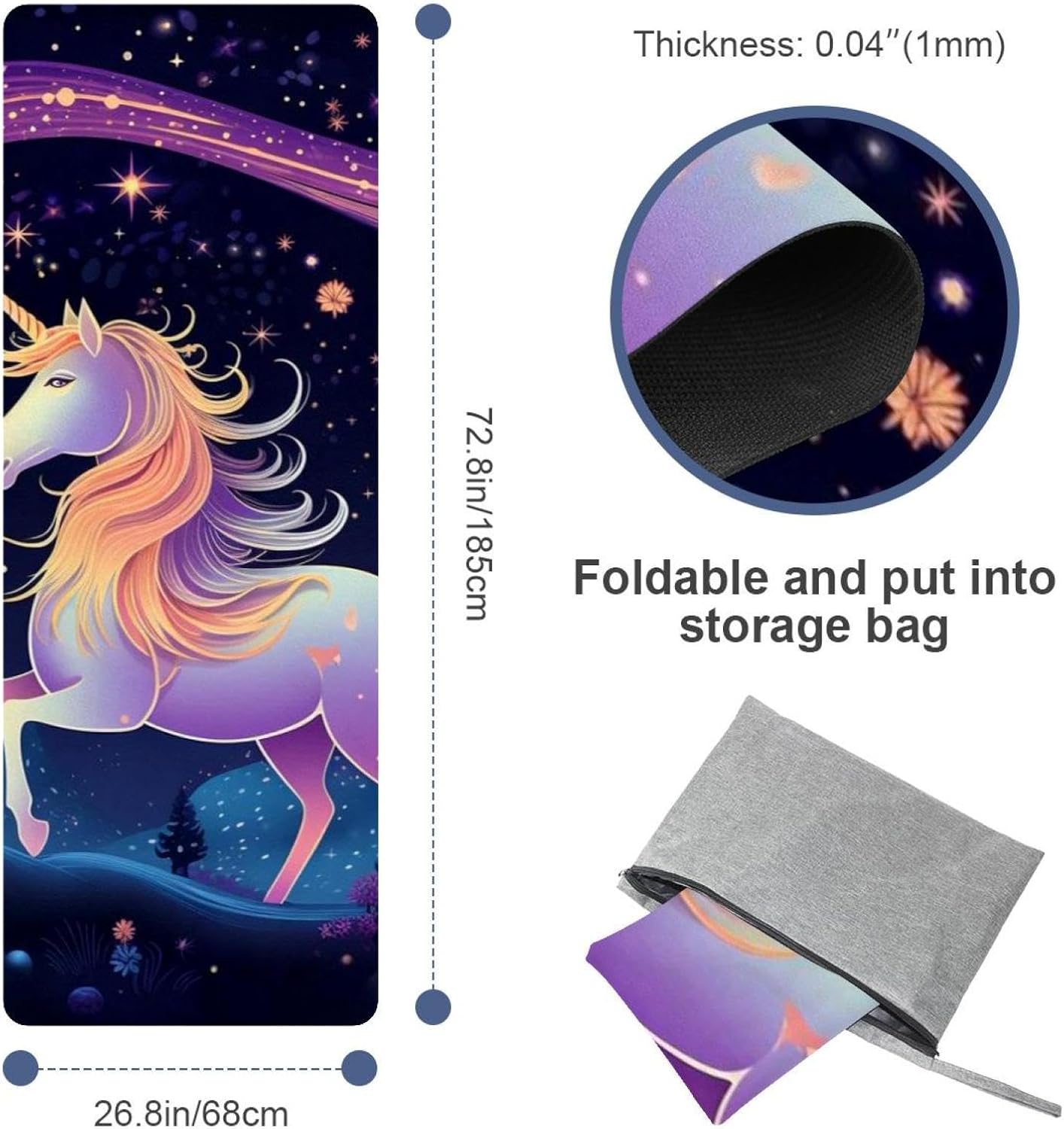 Yoga Towel, Galaxy Unicorn Pattern Non Slip Sweat Absorbent Hot Yoga Mat Towel for Hot Yoga, Pilates and Fitness - 72.8" x 26.8"