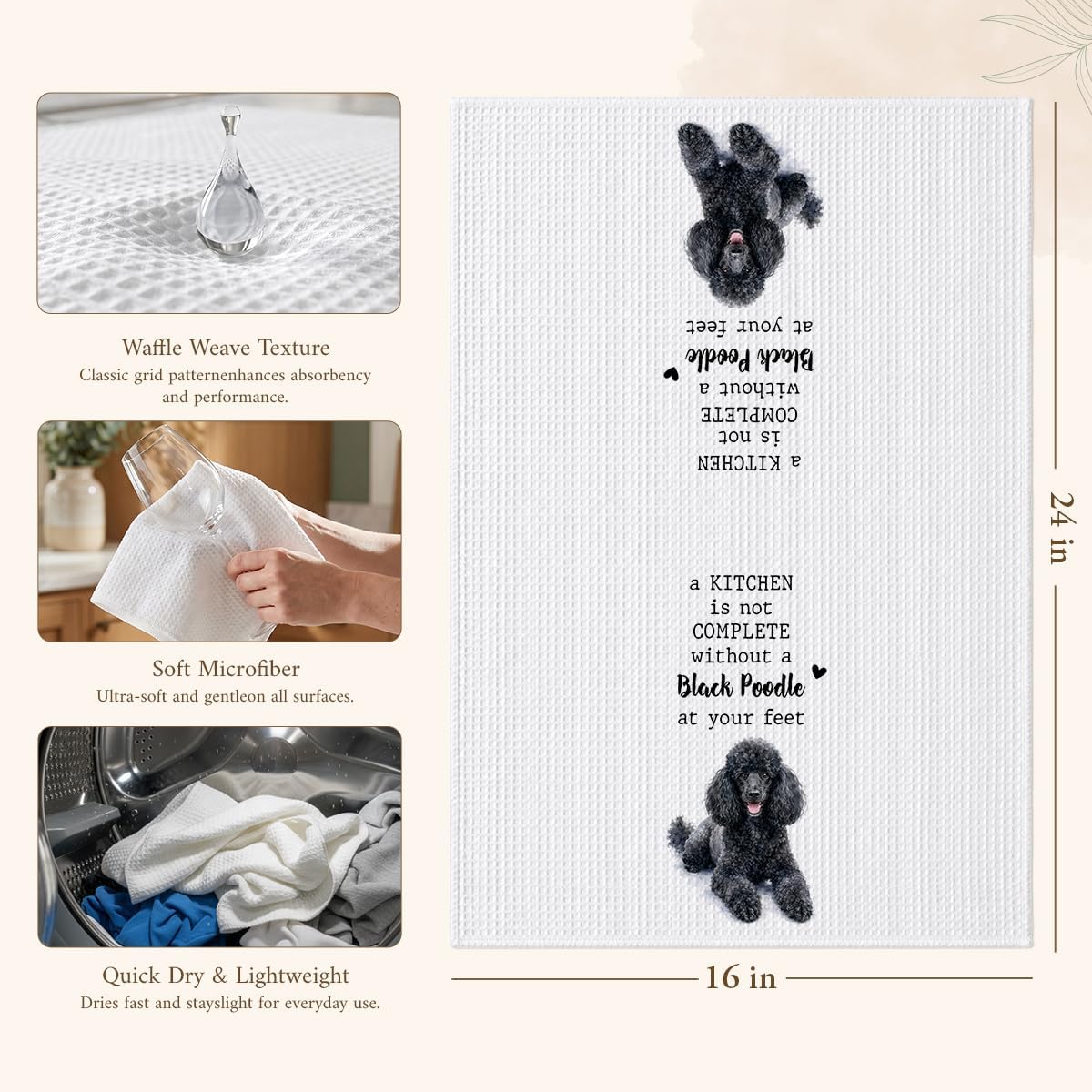 Black Poodle Kitchen Towel, Funny Dog Quote Waffle Dish Towel