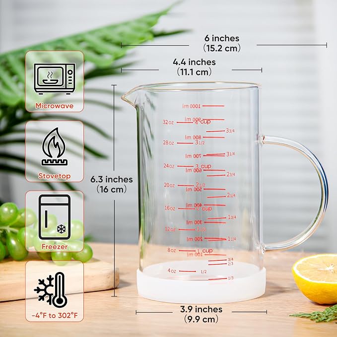 Vaso medidor de vidrio 4 tazas con mango y base de silicona miniatura 2