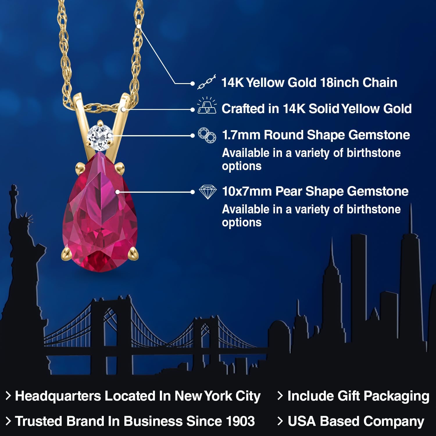 Gem Stone King 14K Yellow Gold Red Created Ruby and White Topaz Pendant Necklace for Women | 2.24 Cttw | Gemstone July Birthstone | Pear Shape 10X7MM | With 18 Inch Chain - Image 2