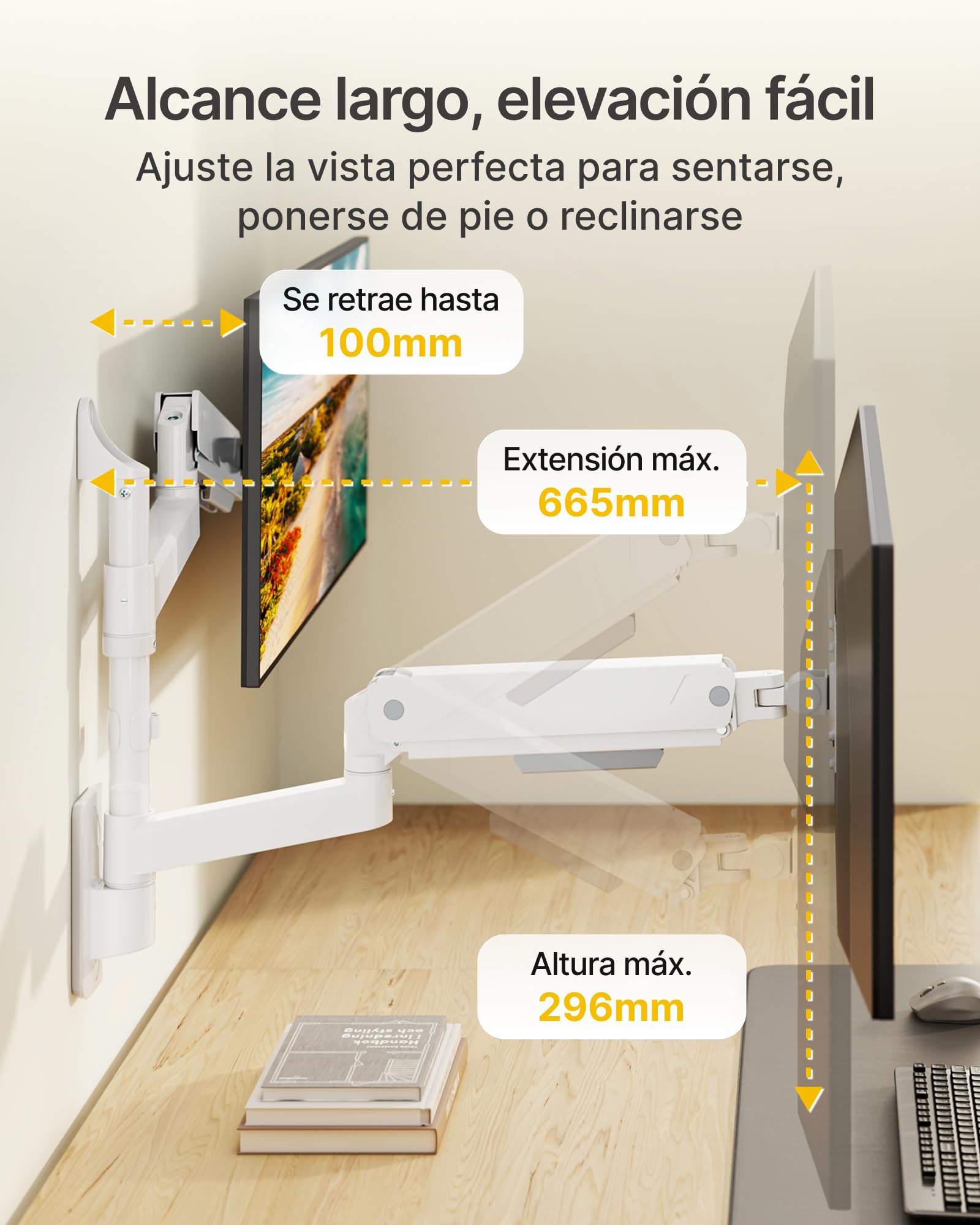 monTEK Soporte de pared para monitor dual para monitores de 17 a 35 pulgadas, carga máxima de 16 kg, brazo de monitor compatible con pantalla plana y curva, soporte de pared articulado para TV