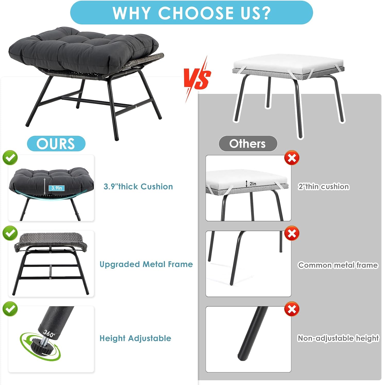 RADIATA Wicker Ottomans Set of 2, Outdoor Chair Footstool with Cushions, PE Rattan Ottoman for Patio Furniture, Detachable Metal Frame Foot Rest for Porch Living Room Bedroom Balcony Courtyard, Gray