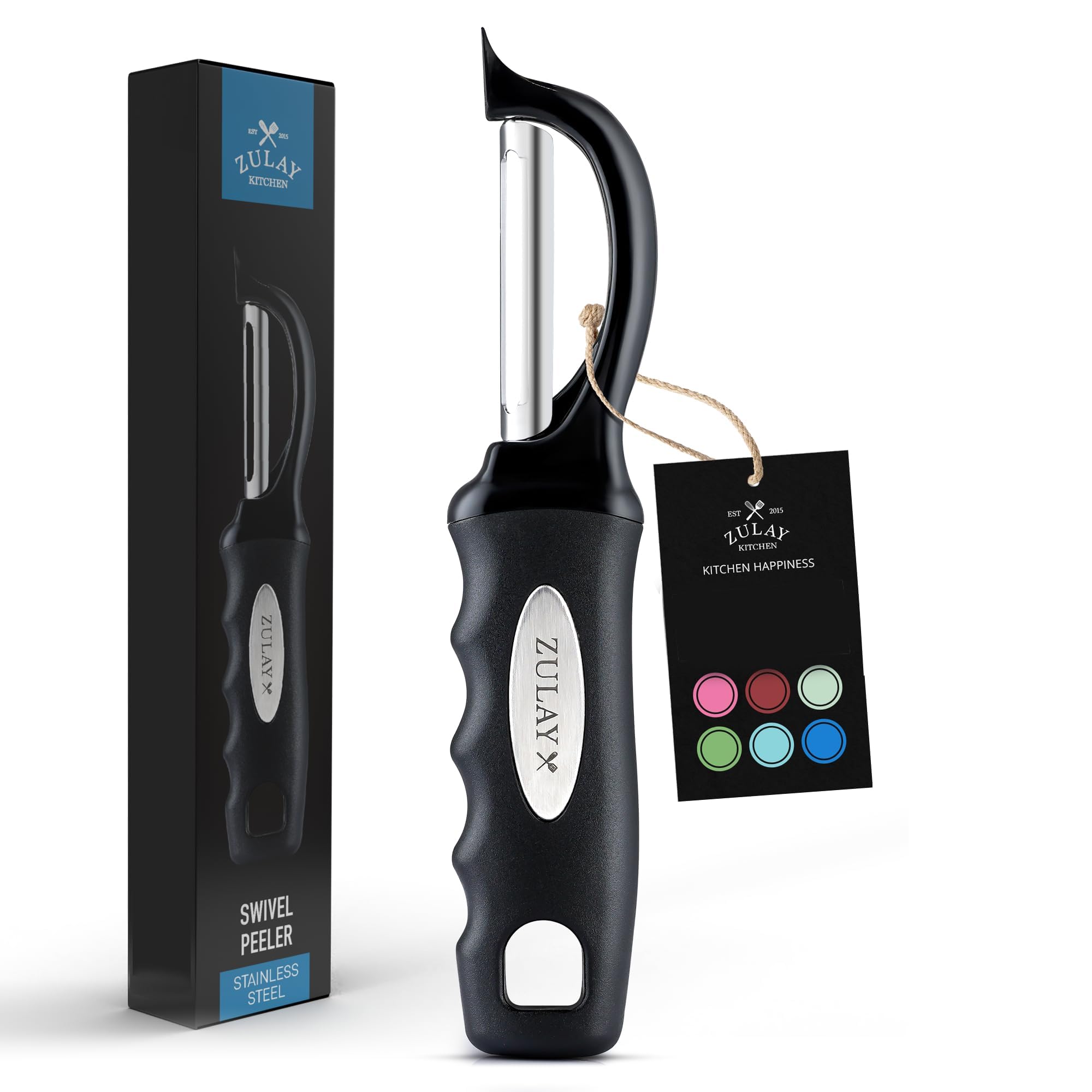 Zulay Kitchen Premium Vegetable Peeler for Kitchen - Swivel Peeler with Razor Sharp Stainless Steel Blades & Strong Ergonomic Handle - Dishwasher Safe, Easy To Use with Blemish Remover - Black