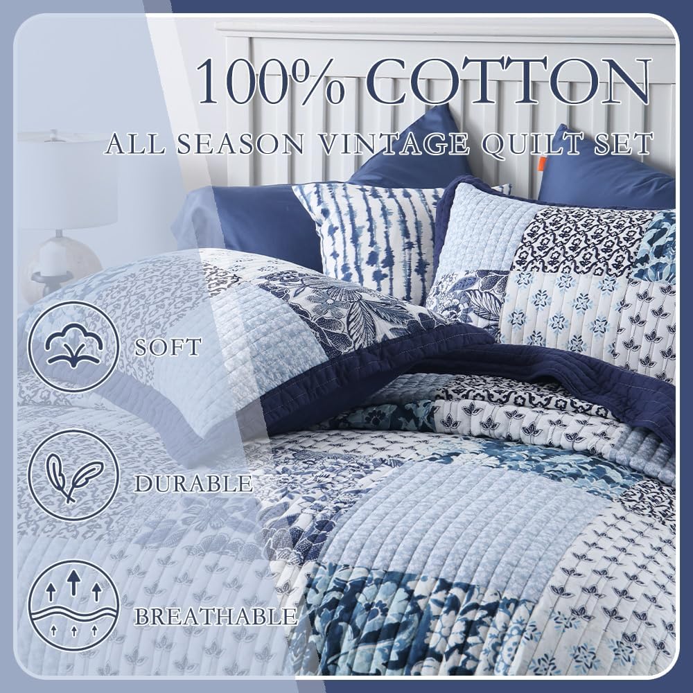 Cotton Bedspread Bedding Coverlet Quilt Sets, 3 Pieces Reversible Vintage Patchwork Floral Bedspread comforters (Blue Paisley, Queen) - Image 3