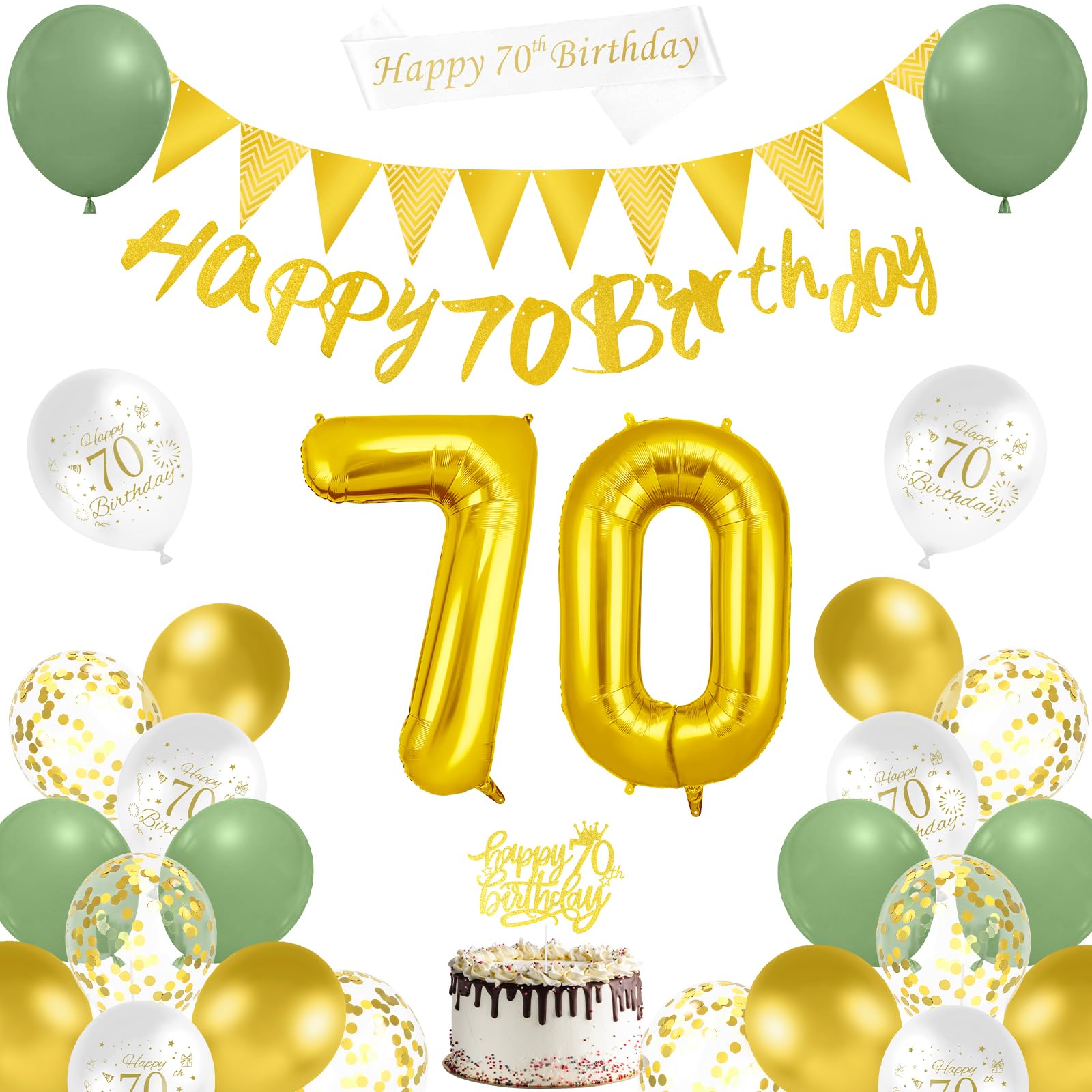 AUAUY 70th Birthday Decorations, Sage Green Gold Balloon Decoration Set, Including Happy 70th Birthday Banner, Balloons, Sash, Bunting Flags, Cake Topper, Ribbon for Men & Women's 70th Party Decor — image 1