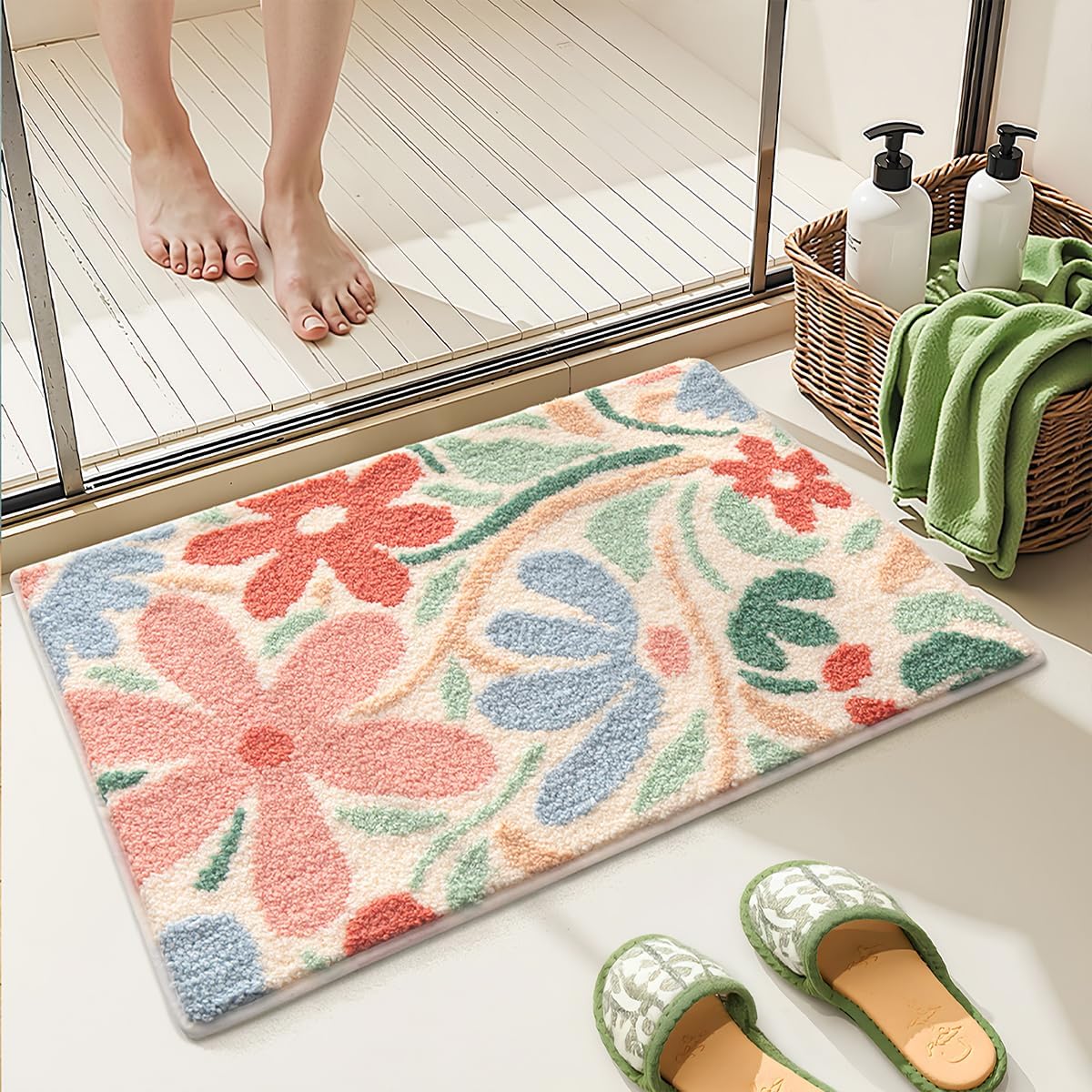 Floral Bathroom Mat Super Absorbent Non Slip Bath Tub Mat Machine Wash Non Slip Cozy Rug for Shower, Living Room and Balcony (31"x20", Pink Flower Bush)