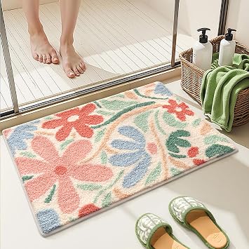 Floral Bathroom Mat Super Absorbent Non Slip Bath Tub Mat Machine Wash Non Slip Cozy Rug for Shower, Living Room and Balcony23"x16", Pink Flower Bush